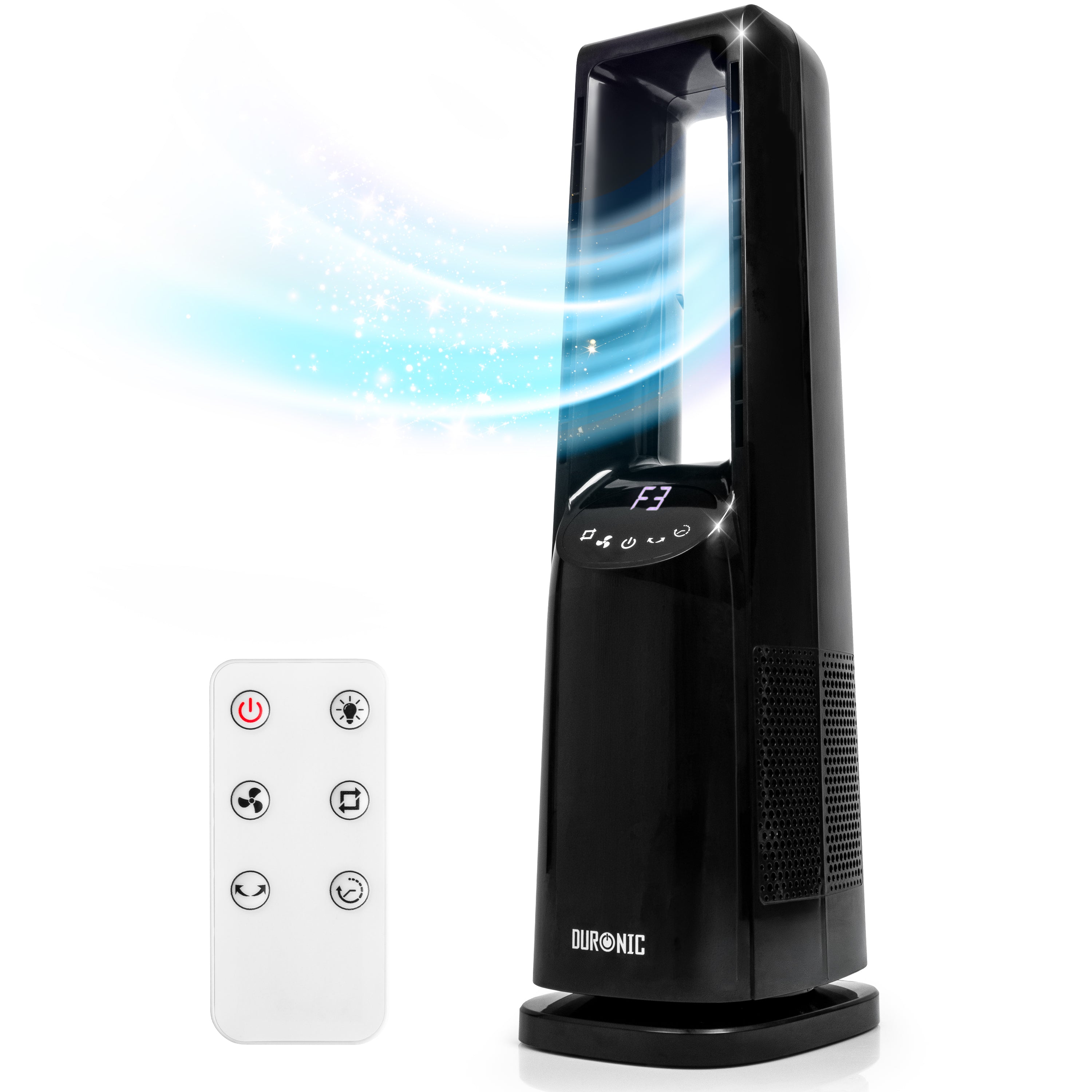 Duronic FN72 BK Turmventilator, Ventilator ohne Propeller, mit Fernbedienung | 3 Geschwindigkeiten, Turmkühler mit 60W, 3 Windmodi, Oszillation für gute Luftzirkulation, Windmaschine mit Timer Funktion