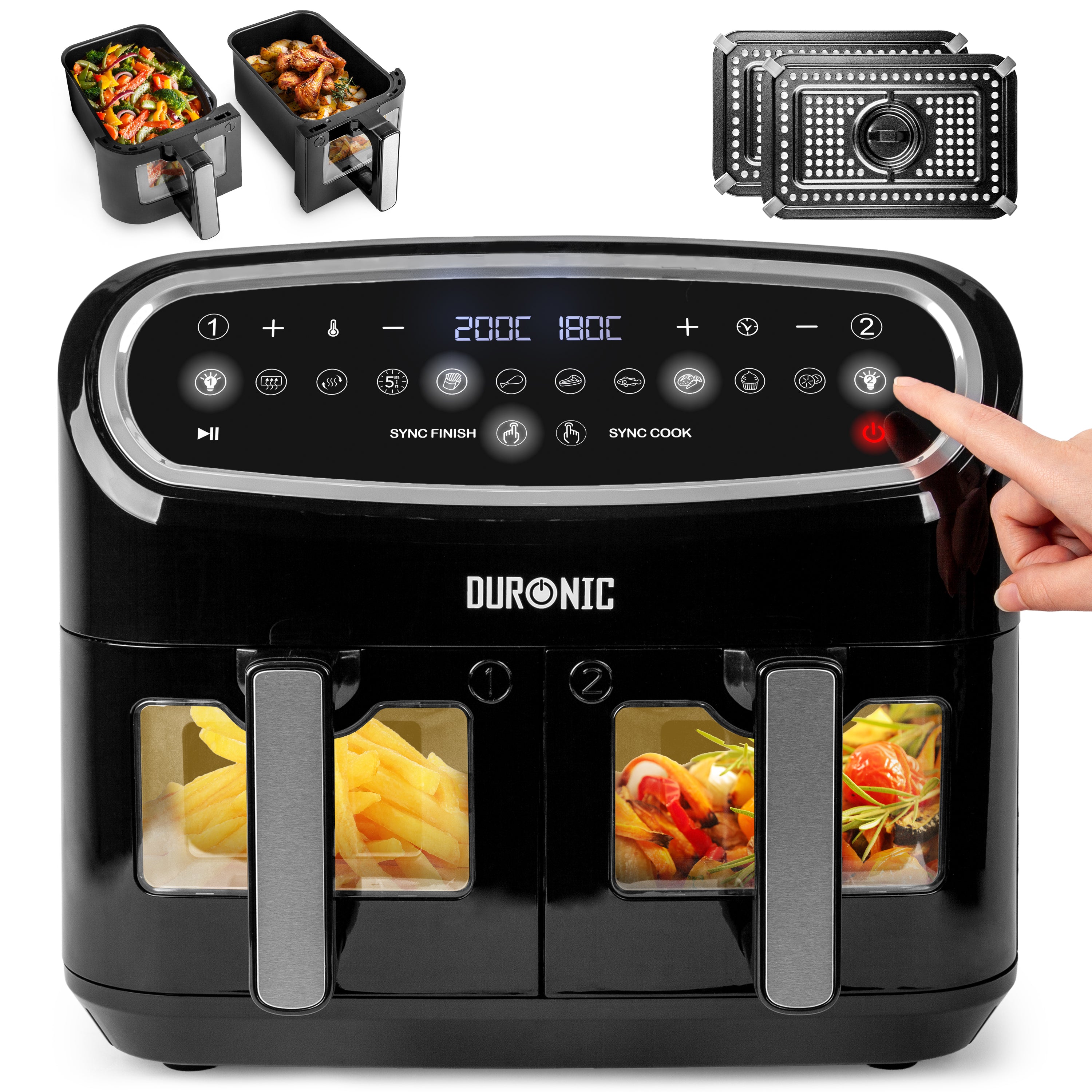 Duronic AF24 BK Heißluftfritteuse, Doppel-Fritteuse mit 10 Liter Volumen, Gleichzeitiges Kochen oder Fertigstellen, 10 voreingestellte Programme, Touch Control, Frittieren ohne Öl, 2400 Watt