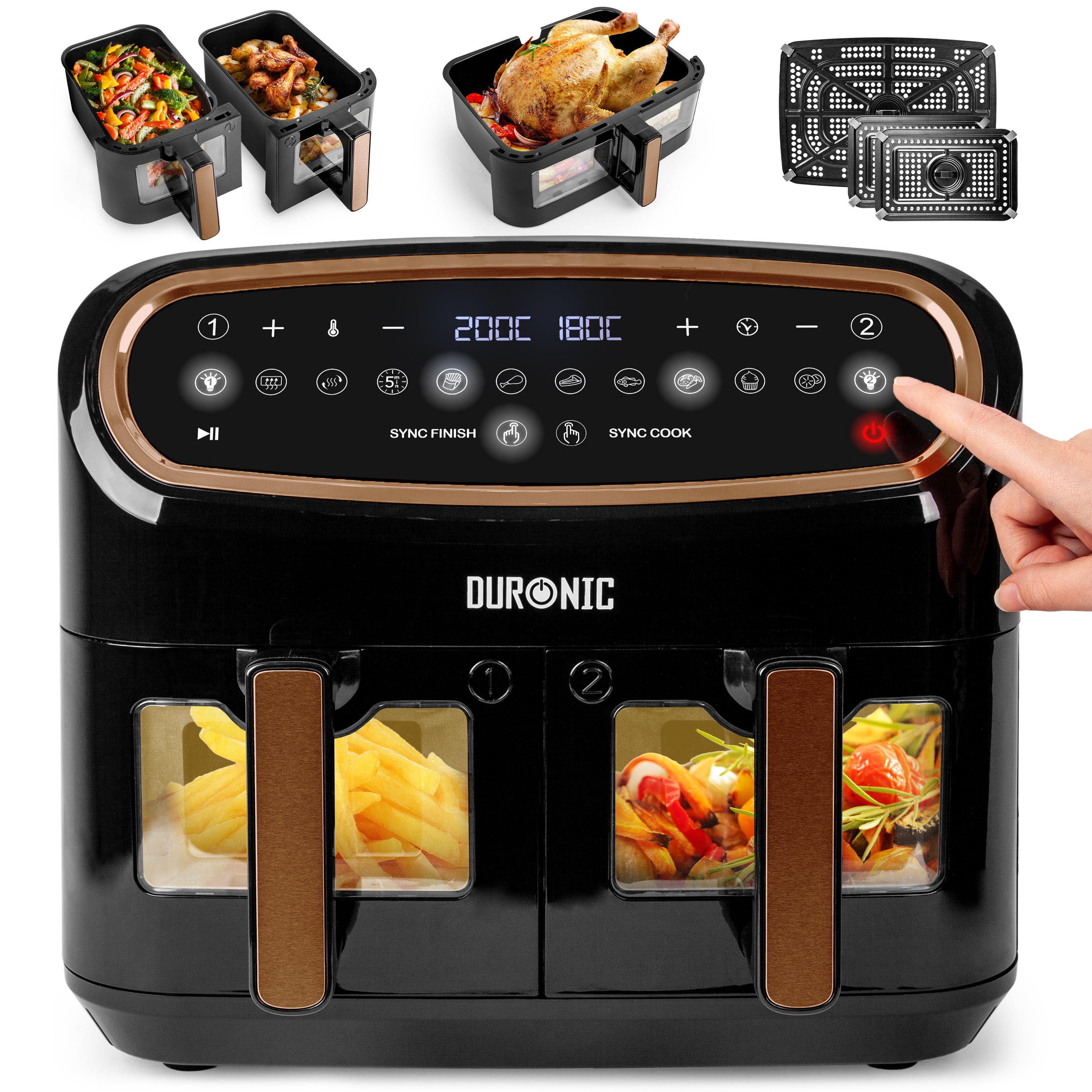 Duronic AF34 BG Dual Air Fryer, Doppel Heißluftfritteuse mit extragroßer Schublade, HLF Heißluftfriteuse für Süßkartoffel Pommes, Frittieren ohne Öl