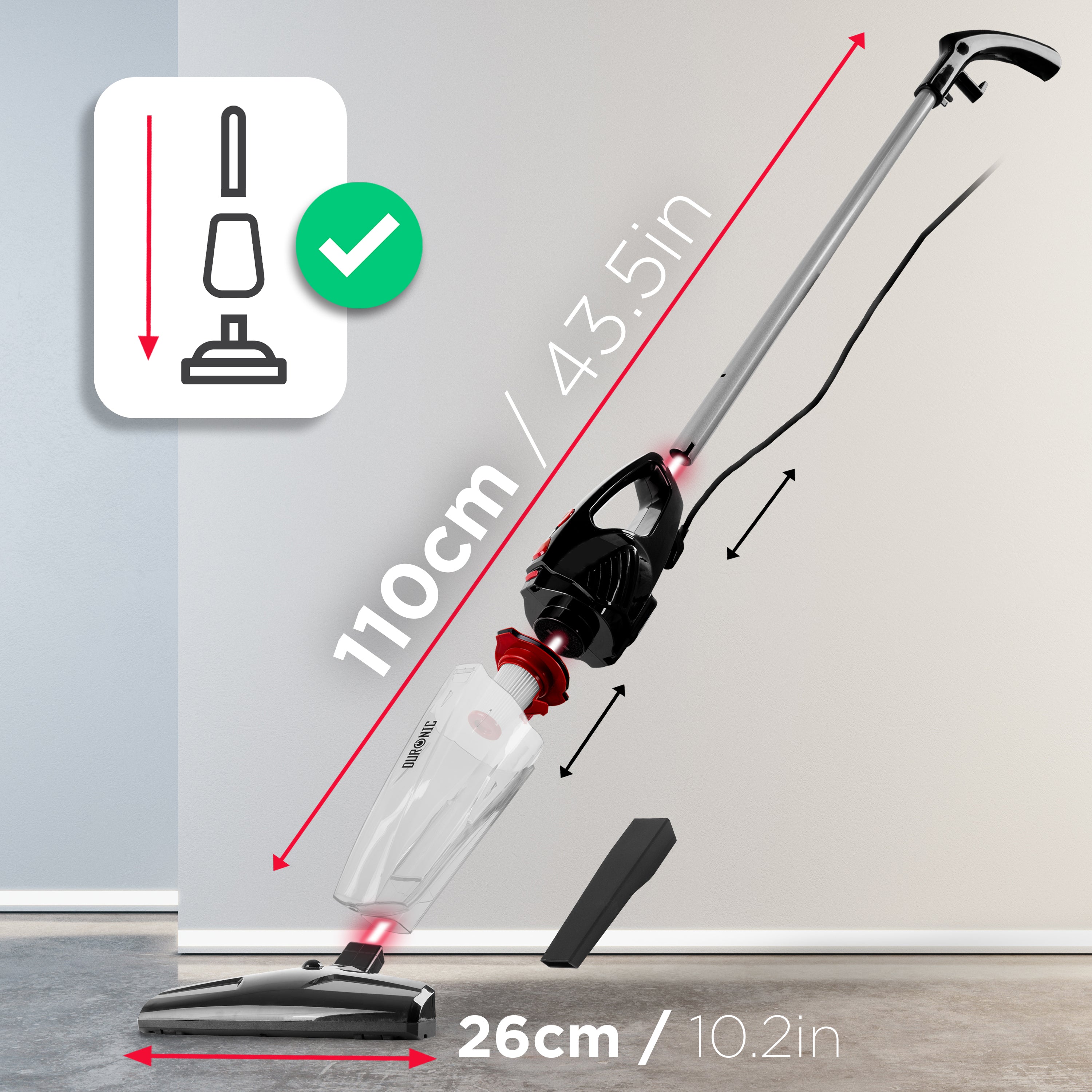 as Kabel kann um die Haken am Hauptkörper gewickelt werden, was den Transport erleichtert. Maße: 110,5 x 20,8 x 26 cm. Energieeffizienzklasse: A Kommt mit einem Hochleistungs-HEPA-Filter. Stromkabel: 4,5 m. Leistung: 800 W. Turbobürste und Ersatzfilter sind separat erhältlich.