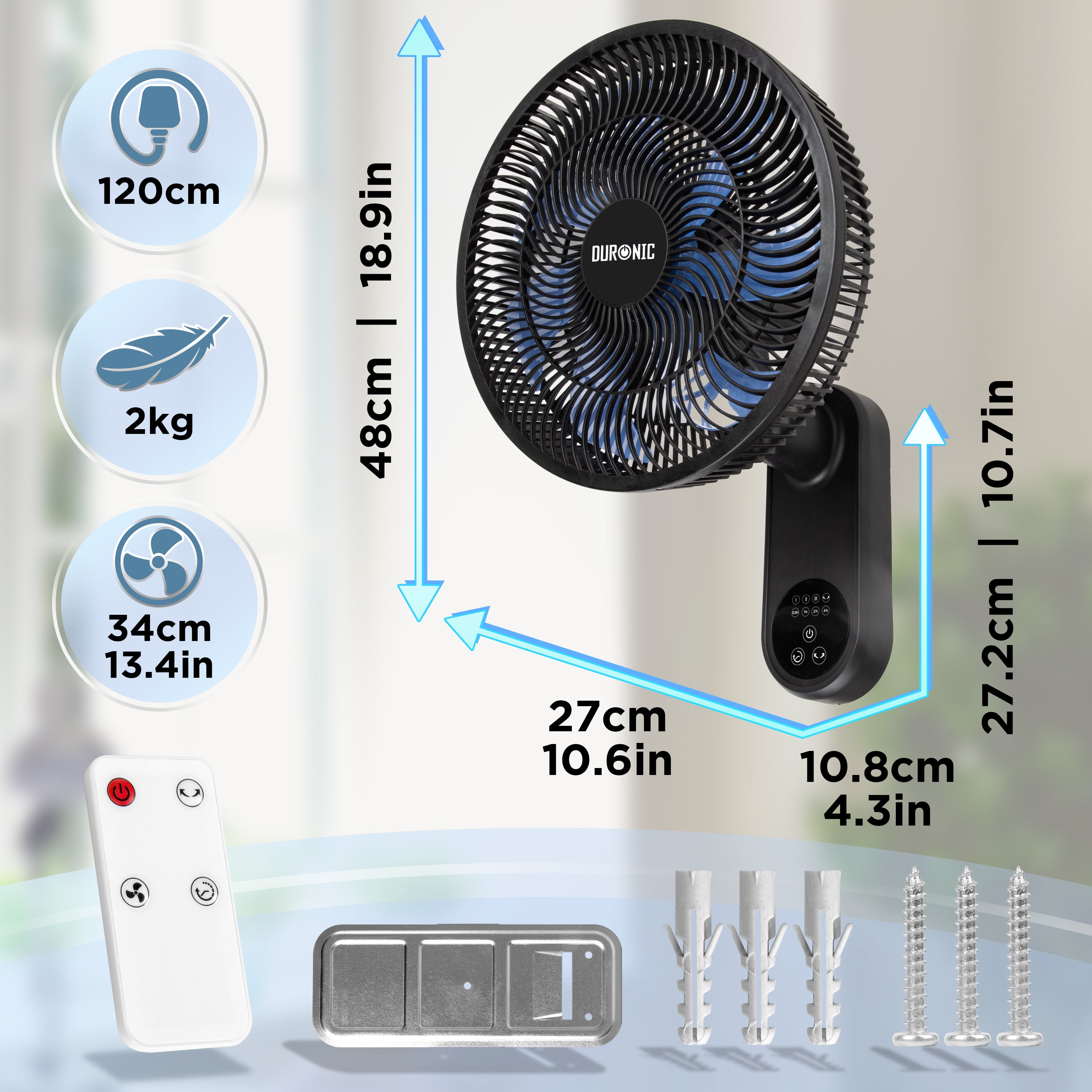 Duronic FN12 BK Wandventilator, Ventilator zur Montage, mit Fernbedienung | 3 Geschwindigkeiten, Wandkühler mit 50W, 60° Oszillation für gute Luftzirkulation, Windmaschine mit Timer Funktion