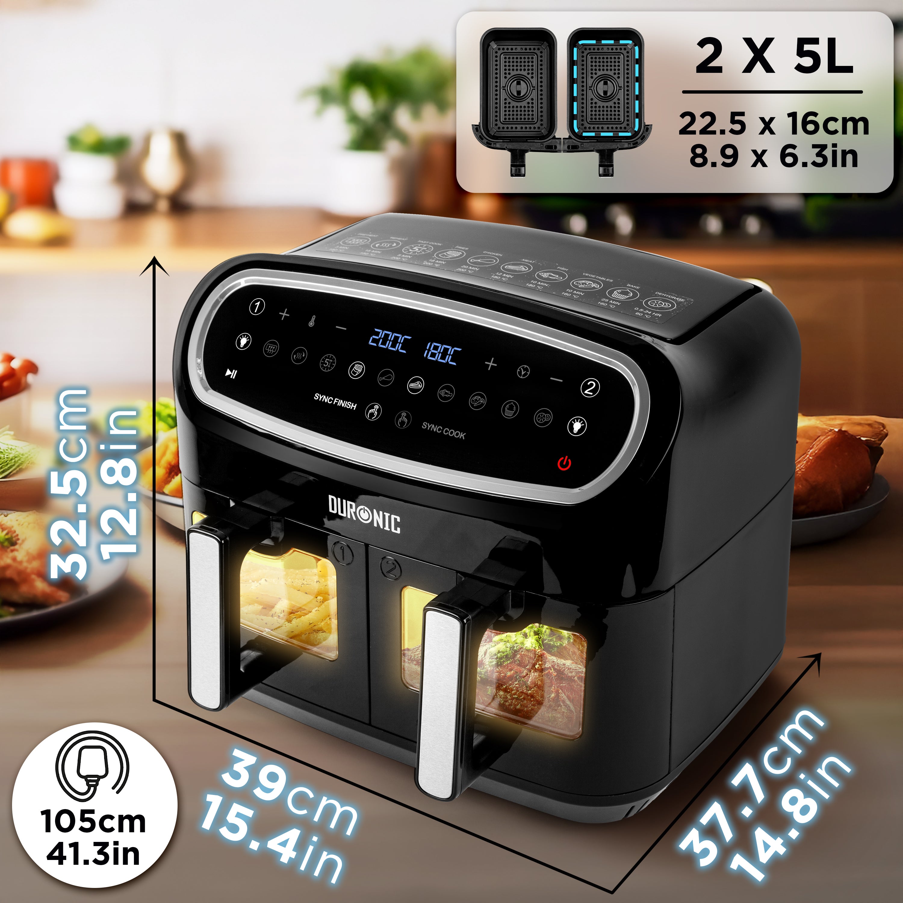 Duronic AF24 BK Heißluftfritteuse, Doppel-Fritteuse mit 10 Liter Volumen, Gleichzeitiges Kochen oder Fertigstellen, 10 voreingestellte Programme, Touch Control, Frittieren ohne Öl, 2400 Watt