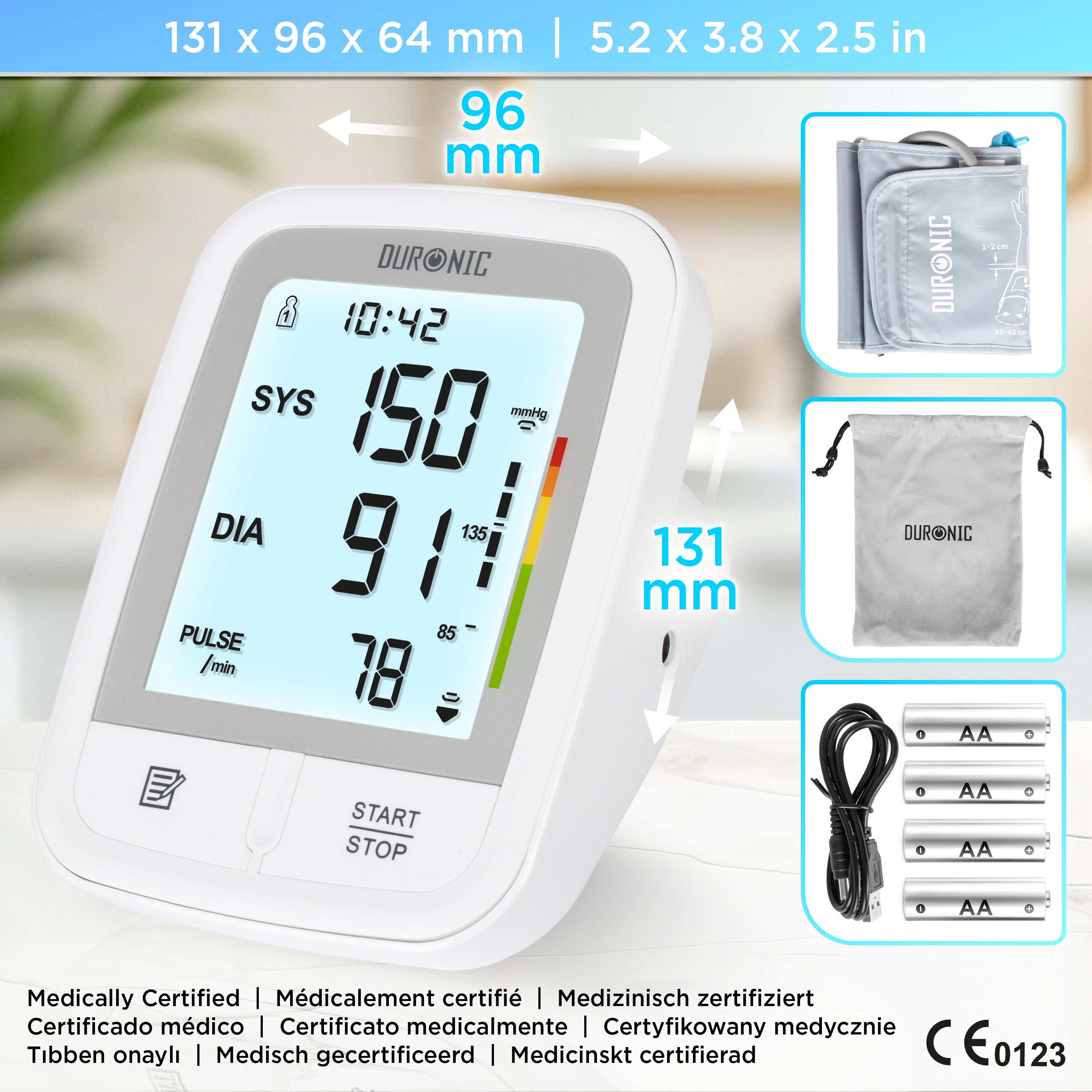 Duronic BPM95 Blutdruckmessgerät, Blutdruck messen für Bluthochdruck, Messgerät mit großem Display, Oberarm Blutdruckmessgerät mit Manschette
