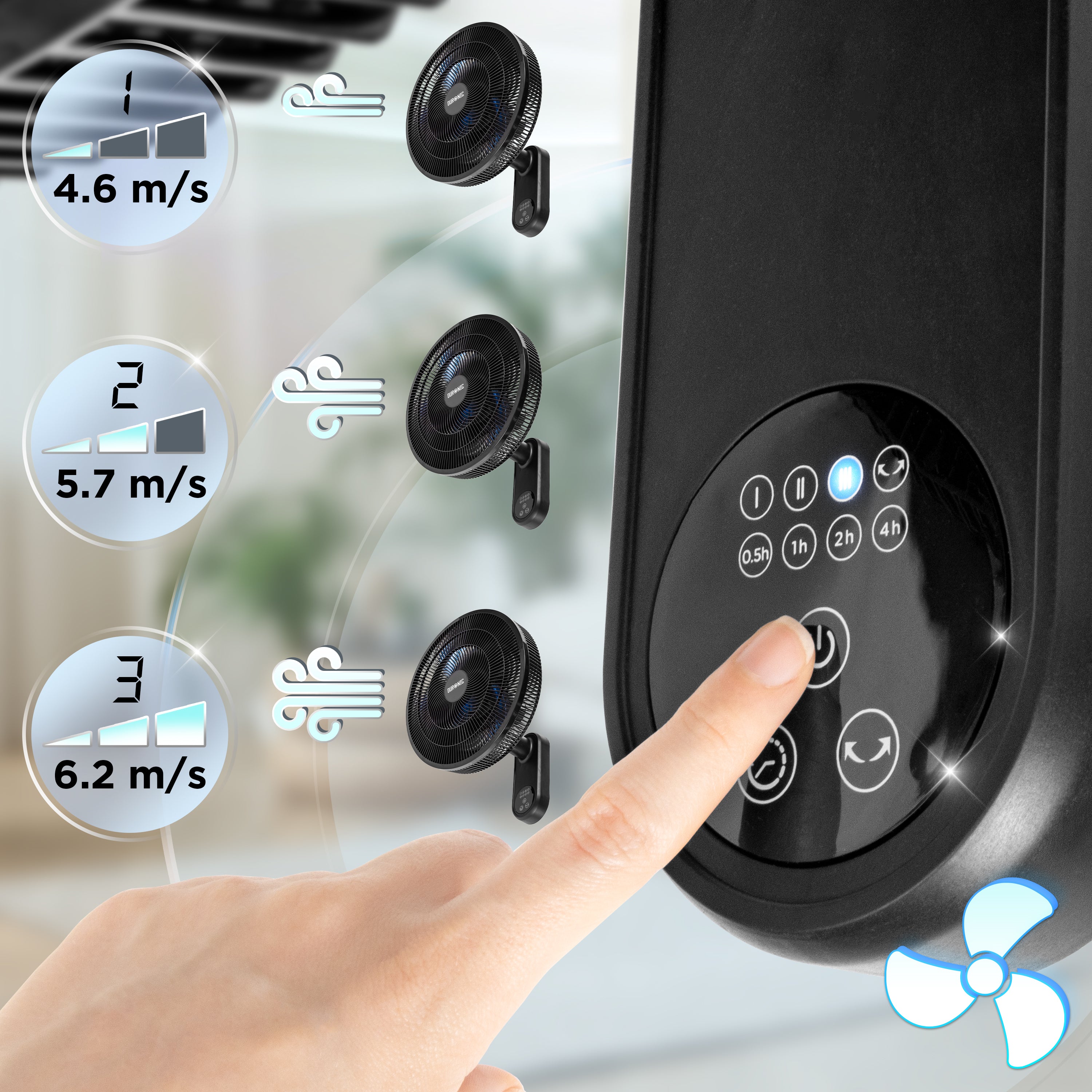 Duronic FN12 BK Wandventilator, Ventilator zur Montage, mit Fernbedienung | 3 Geschwindigkeiten, Wandkühler mit 50W, 60° Oszillation für gute Luftzirkulation, Windmaschine mit Timer Funktion
