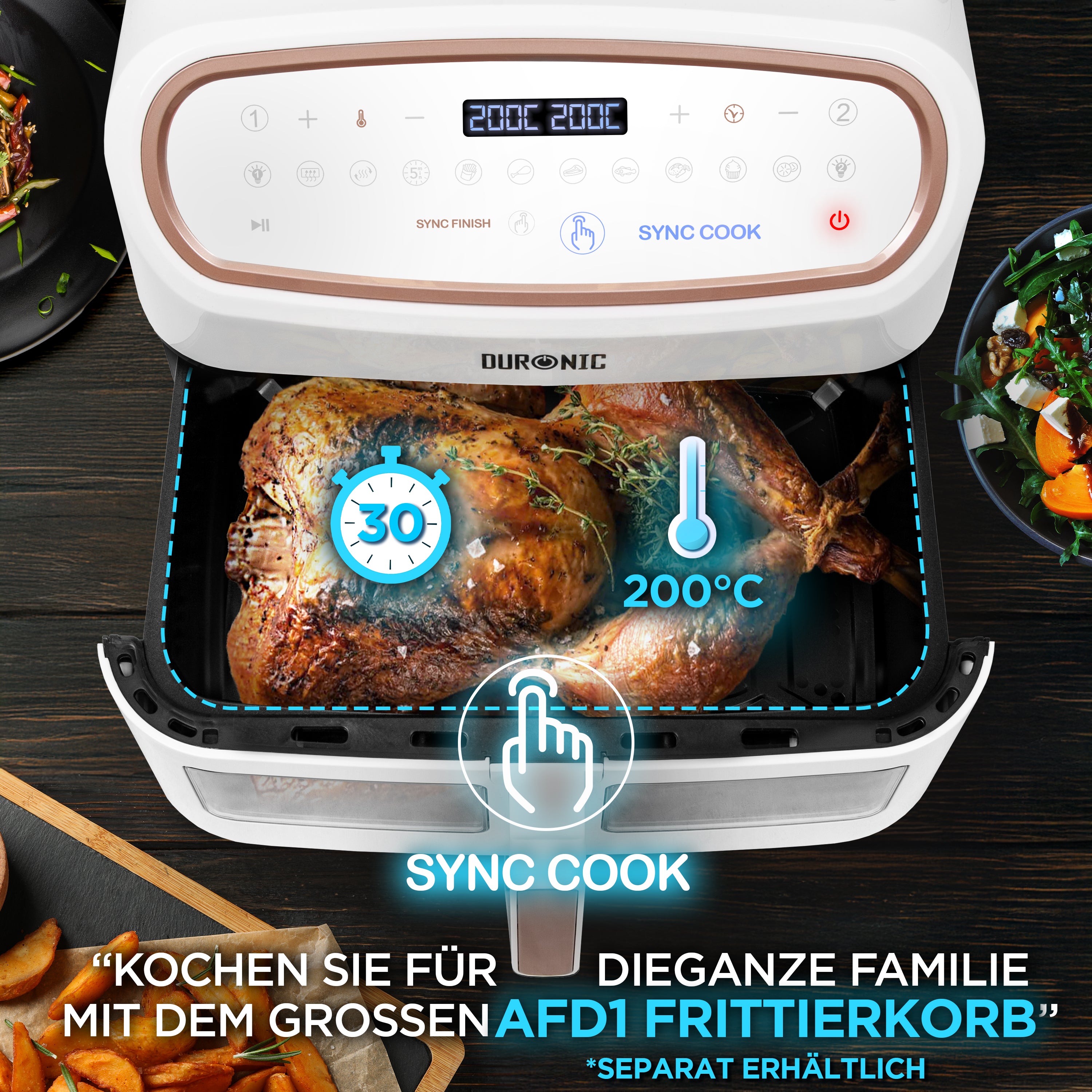 Duronic AF34 WE Heißluftfriteuse, XXL Heißluftfritteuse mit 2 Kammern für Pommes, Friteuse HLF 10L Volumen Airfryer, Air Fryer für Rezepte ohne Öl