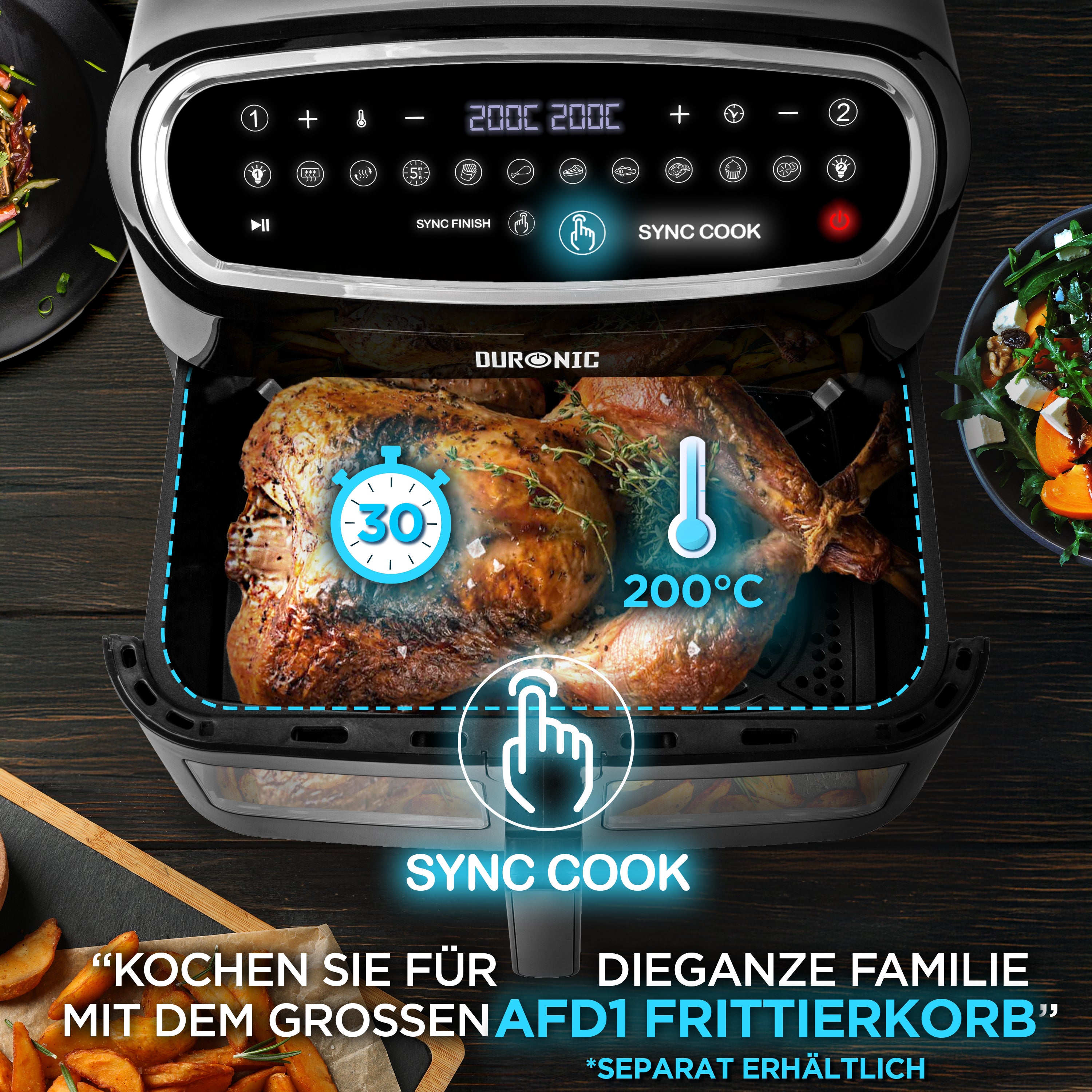 Duronic AF34 BK Heißluftfriteuse, Heißluftfritteuse für Süßkartoffel Pommes, Friteuse HLF 10L Volumen Heißluftfrittöse, Fritteuse für Rezepte ohne Öl