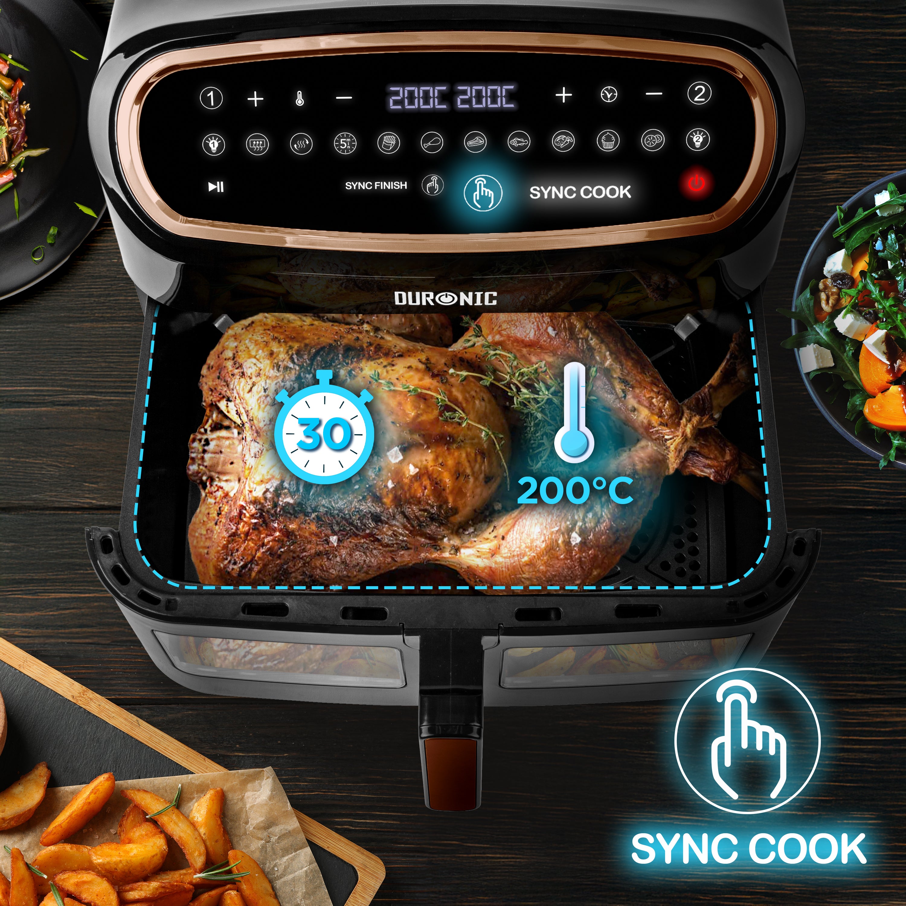 Duronic AF34 BG Dual Air Fryer, Doppel Heißluftfritteuse mit extragroßer Schublade, HLF Heißluftfriteuse für Süßkartoffel Pommes, Frittieren ohne Öl