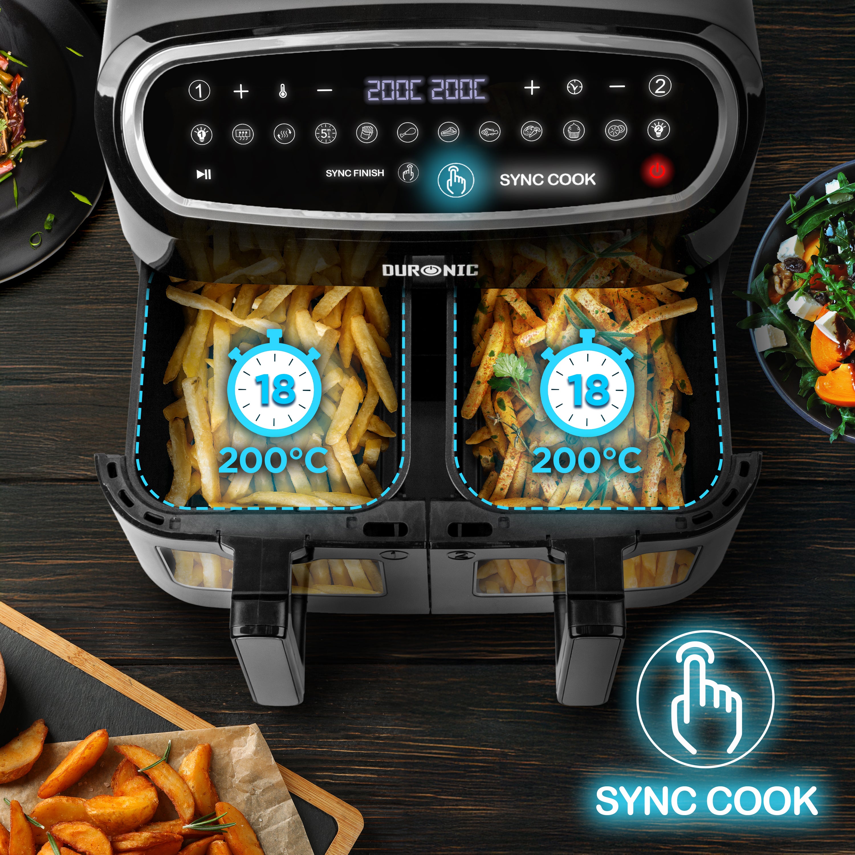 Duronic AF24 BK Heißluftfritteuse, Doppel-Fritteuse mit 10 Liter Volumen, Gleichzeitiges Kochen oder Fertigstellen, 10 voreingestellte Programme, Touch Control, Frittieren ohne Öl, 2400 Watt