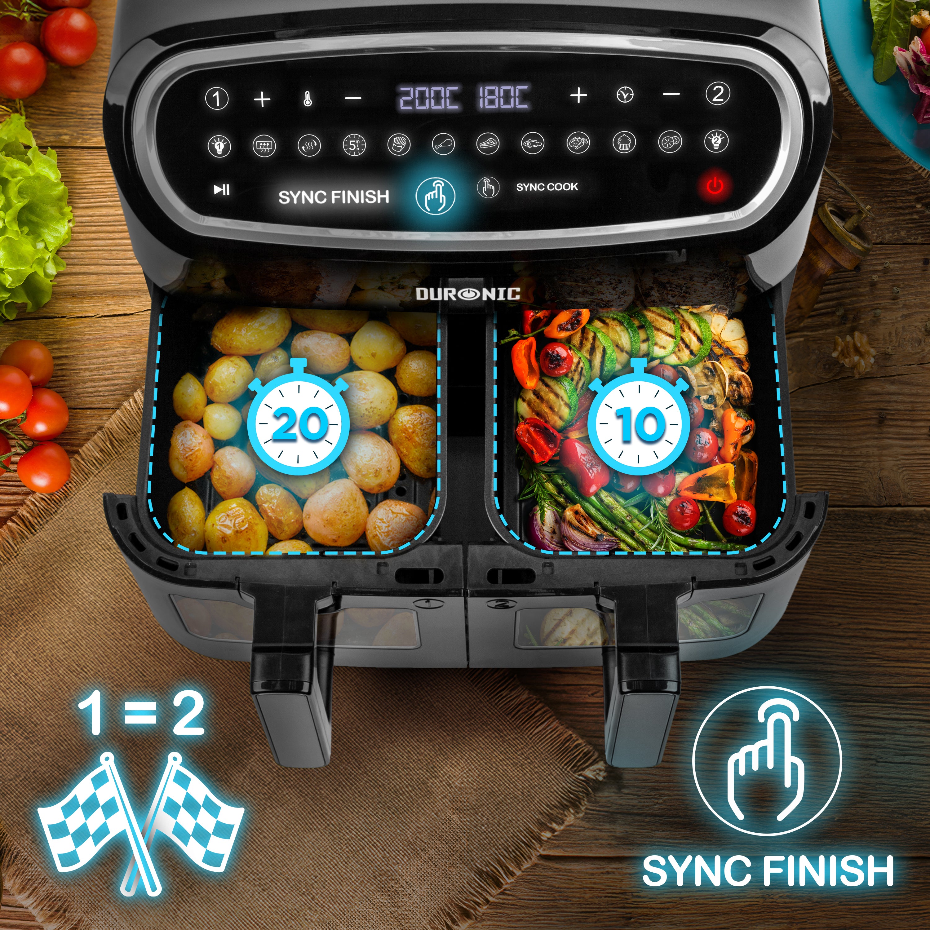 Duronic AF24 BK Heißluftfritteuse, Doppel-Fritteuse mit 10 Liter Volumen, Gleichzeitiges Kochen oder Fertigstellen, 10 voreingestellte Programme, Touch Control, Frittieren ohne Öl, 2400 Watt