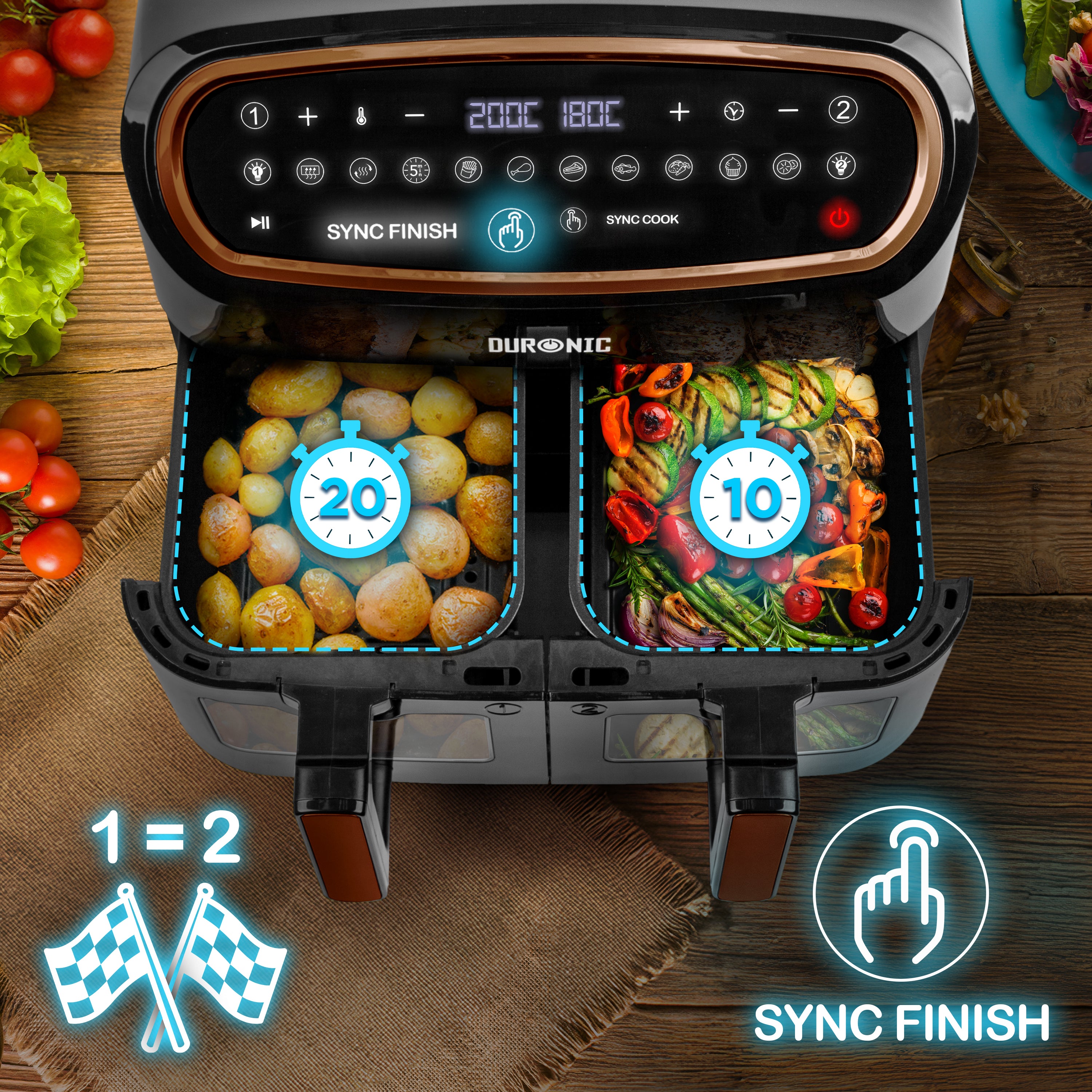 Duronic AF34 BG Dual Air Fryer, Doppel Heißluftfritteuse mit extragroßer Schublade, HLF Heißluftfriteuse für Süßkartoffel Pommes, Frittieren ohne Öl