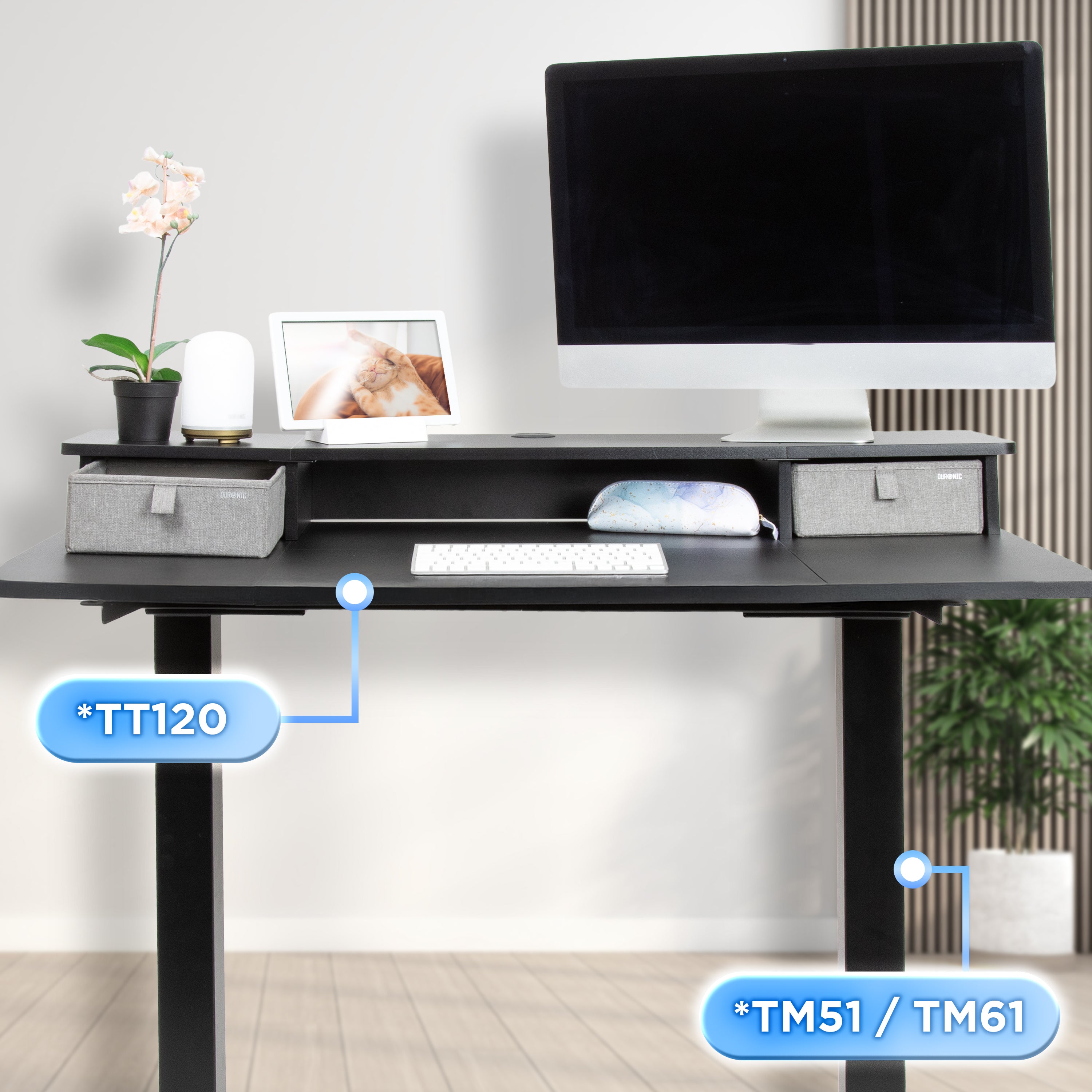 Duronic DD2 BK Schreibtischaufsatz für 2 Monitore, Schreibtisch Erweiterung mit Schubladen, 120 x 25 x 11,5 cm, Monitorerhöhung mit Tischklemmen, Gaming Home Office Monitorständer, Extra Breit