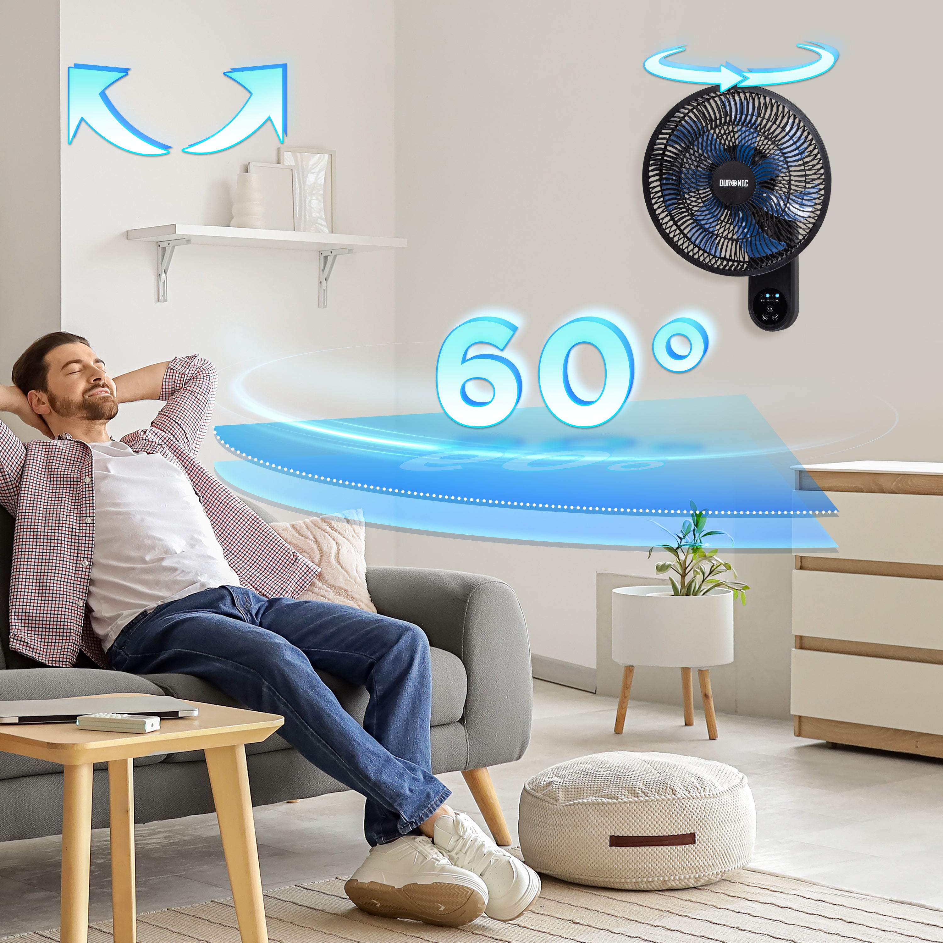 Duronic FN12 BK Wandventilator, Ventilator zur Montage, mit Fernbedienung | 3 Geschwindigkeiten, Wandkühler mit 50W, 60° Oszillation für gute Luftzirkulation, Windmaschine mit Timer Funktion