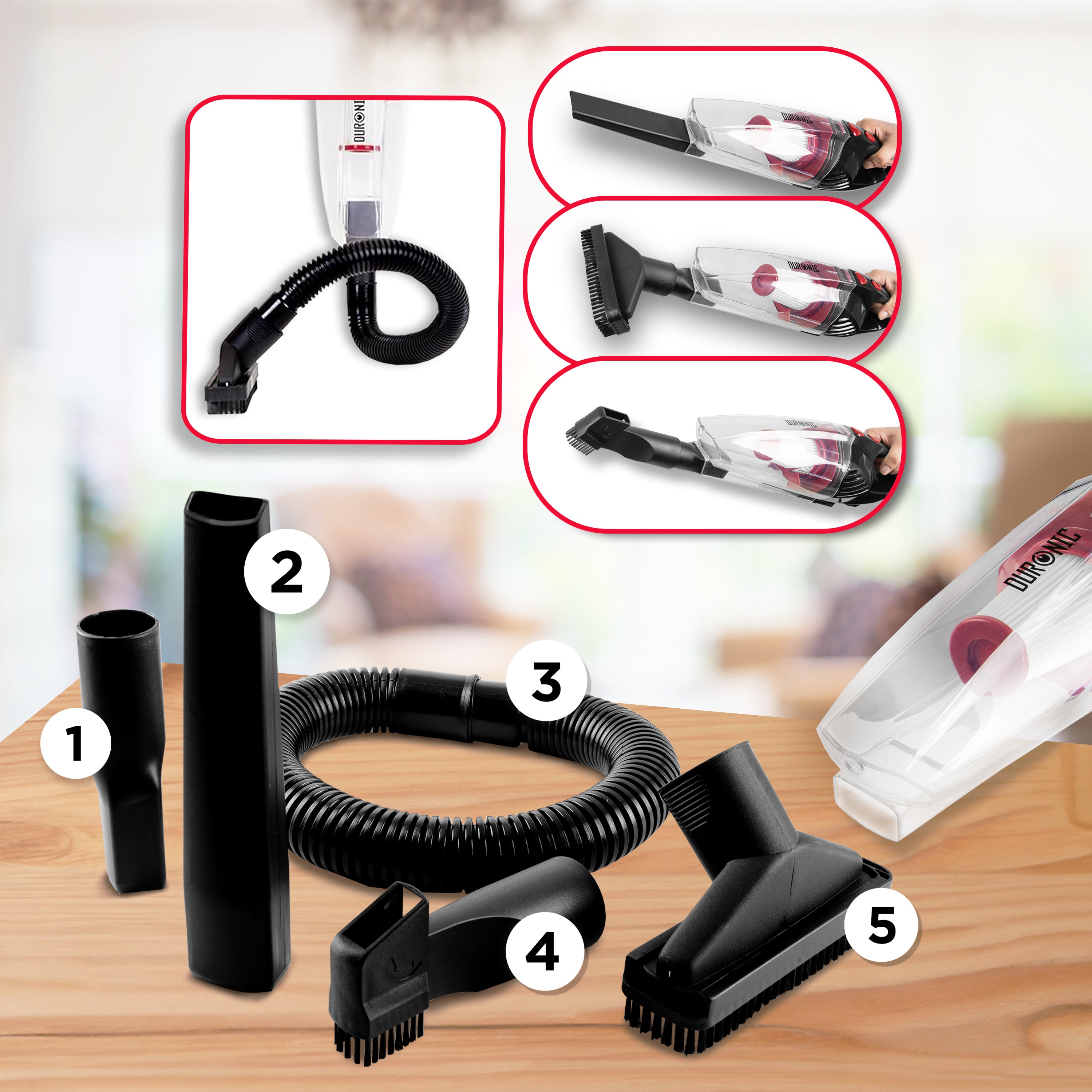 Ein Schlauch sorgt für zusätzliche Flexibilität beim Reinigen kleinerer Flächen mit dem Staubsauger im Handbetrieb. Der Schlauchaufsatz kann für eine schnelle Fleckenreinigung alleine verwendet werden, oder die Polsterbürste kann auf dem Schlauch aufgeschoben werden, um ihn auf größeren Flächen wie etwa Autoauflagen und Sitzflächen zu verwenden.