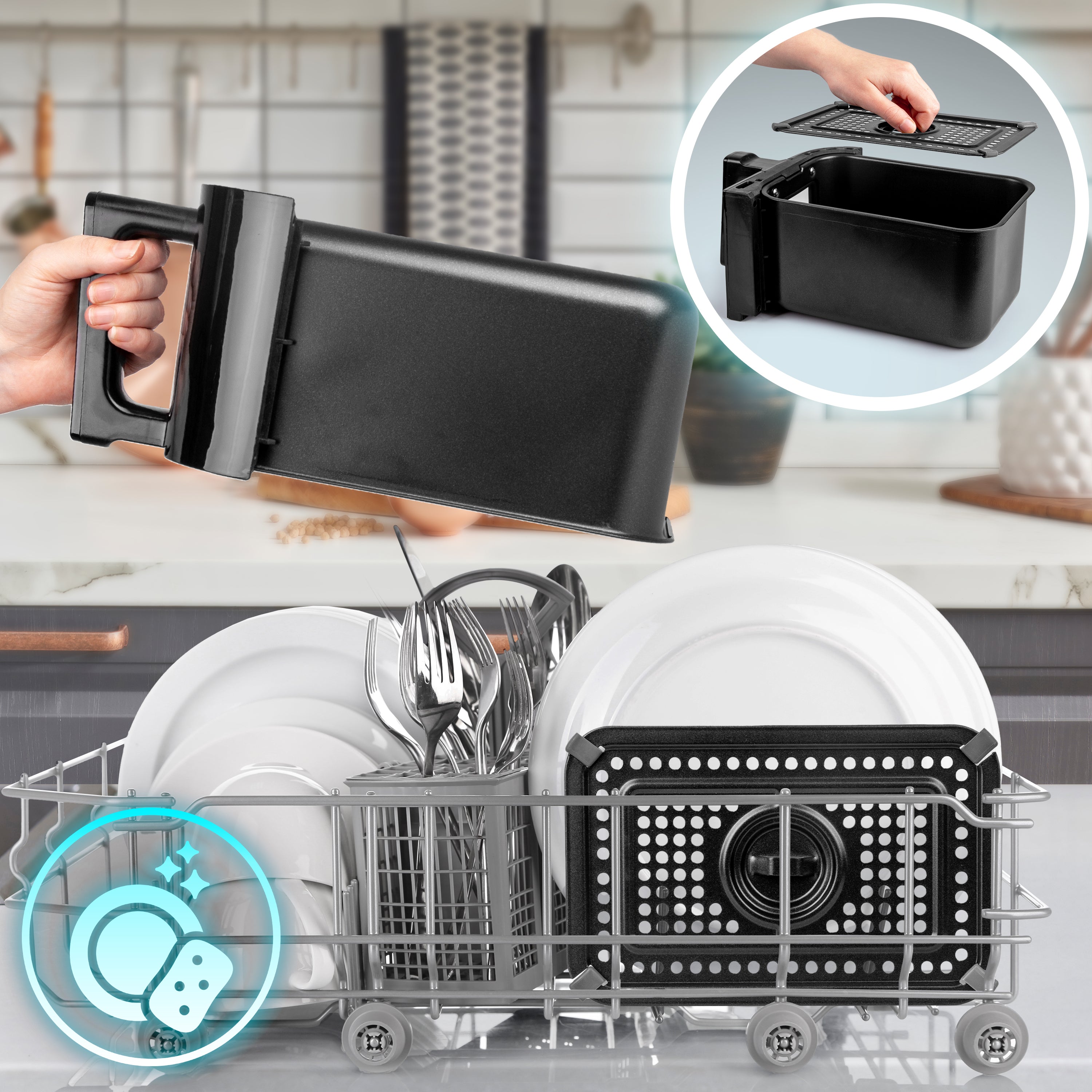 Duronic AF24 BK Heißluftfritteuse, Doppel-Fritteuse mit 10 Liter Volumen, Gleichzeitiges Kochen oder Fertigstellen, 10 voreingestellte Programme, Touch Control, Frittieren ohne Öl, 2400 Watt