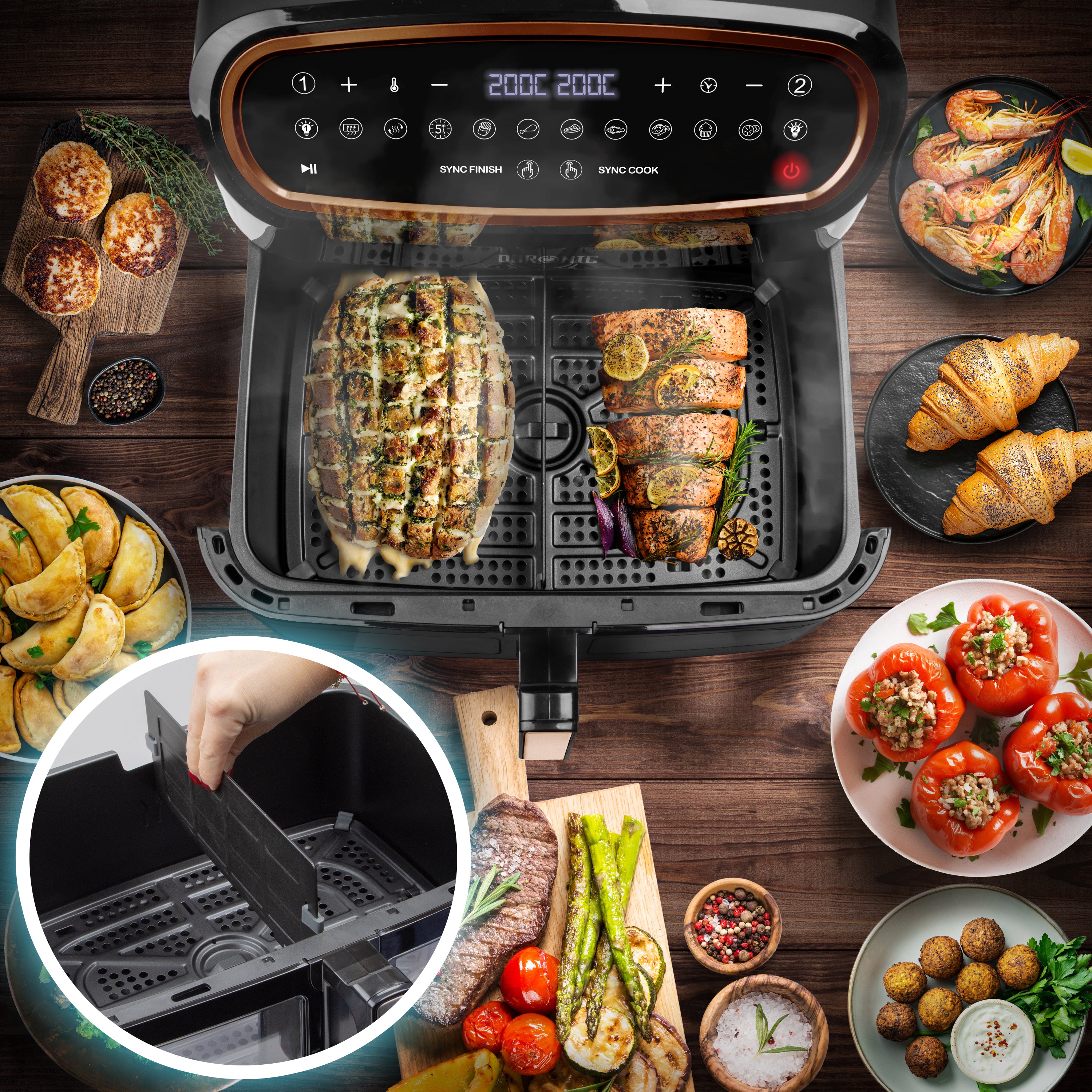 Duronic AF34 BG Dual Air Fryer, Doppel Heißluftfritteuse mit extragroßer Schublade, HLF Heißluftfriteuse für Süßkartoffel Pommes, Frittieren ohne Öl