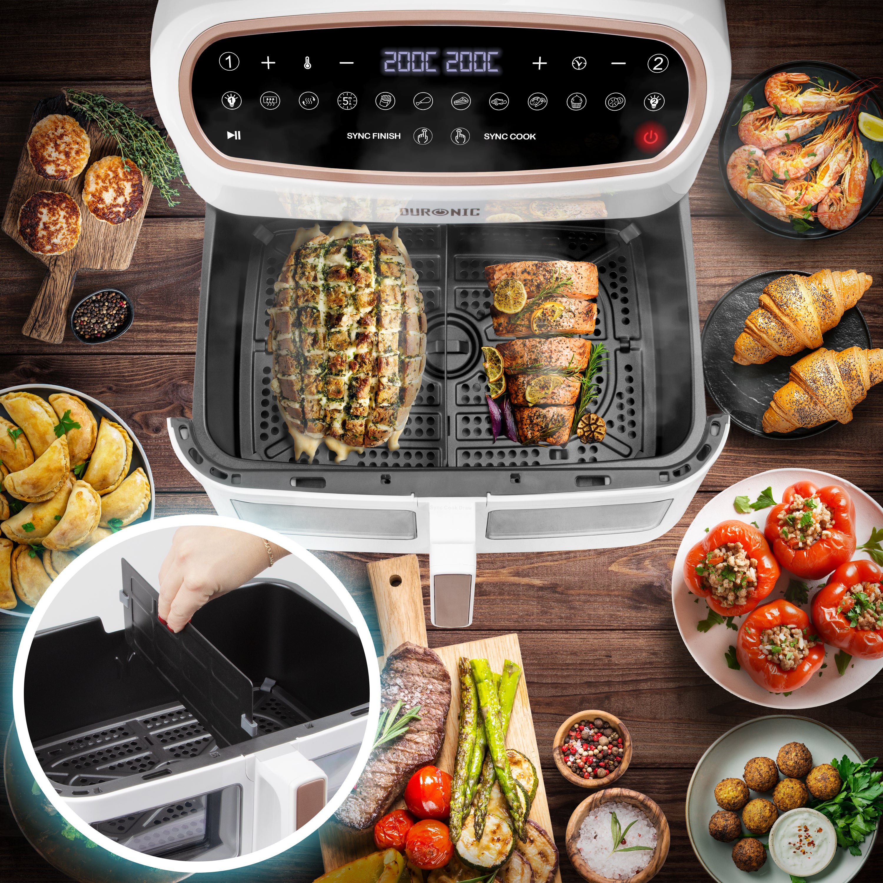 Duronic AF34 WG Heißluftfritteuse mit Sichtfenster | XXL Doppel Air fryer mit 2 Kammern 10 L | 2400 W Dual Zone Air Fryer | HLF mit 10 Programme | Inklusive großer Frittierkorb | Touchscreen Fritteuse