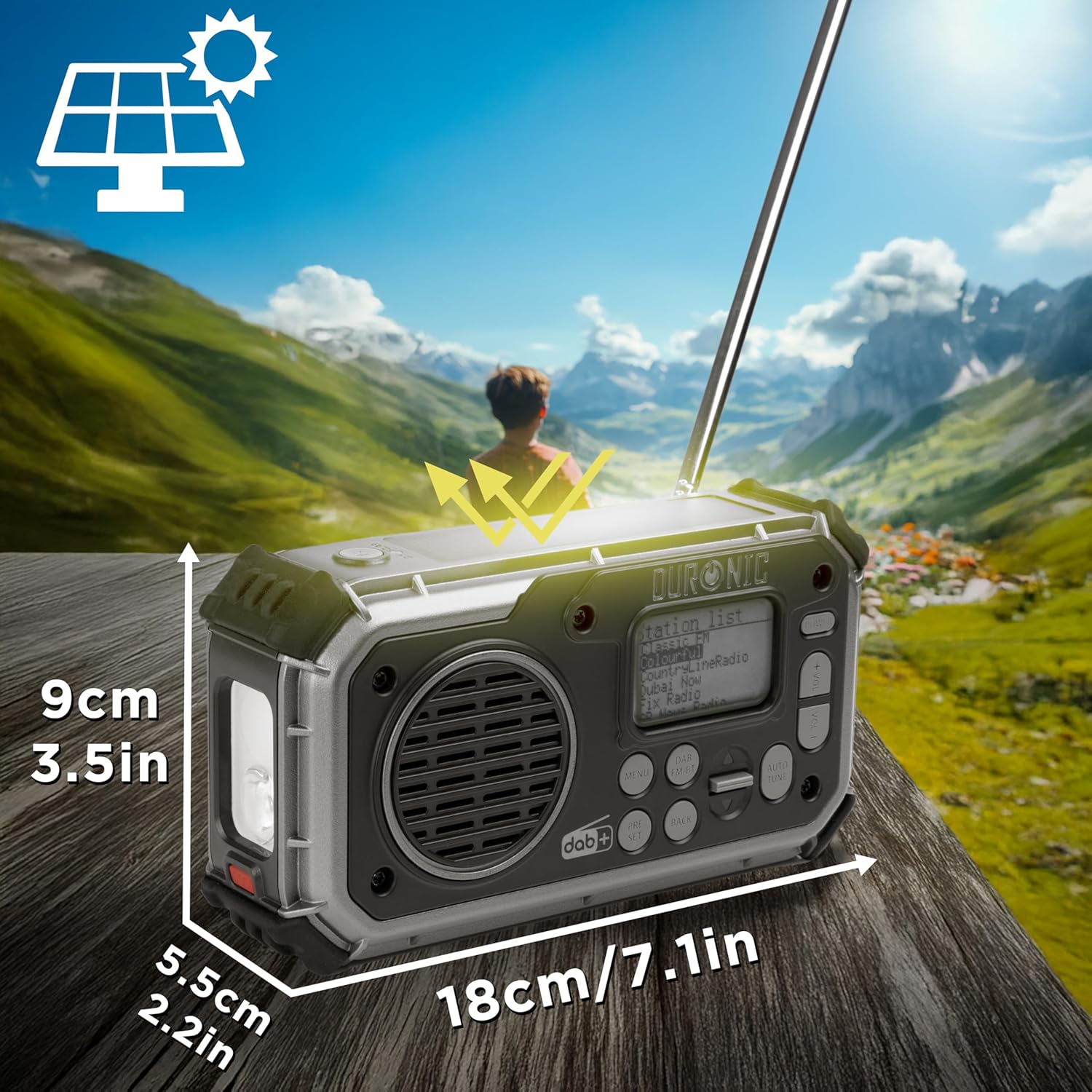 Duronic SDAB1 Kurbelradio, Tragbares Solar Notfall DAB FM Radio mit LED Licht und Kurbel, Batteriebetrieb und 2000mAh Powerbank, Bluetooth Speaker