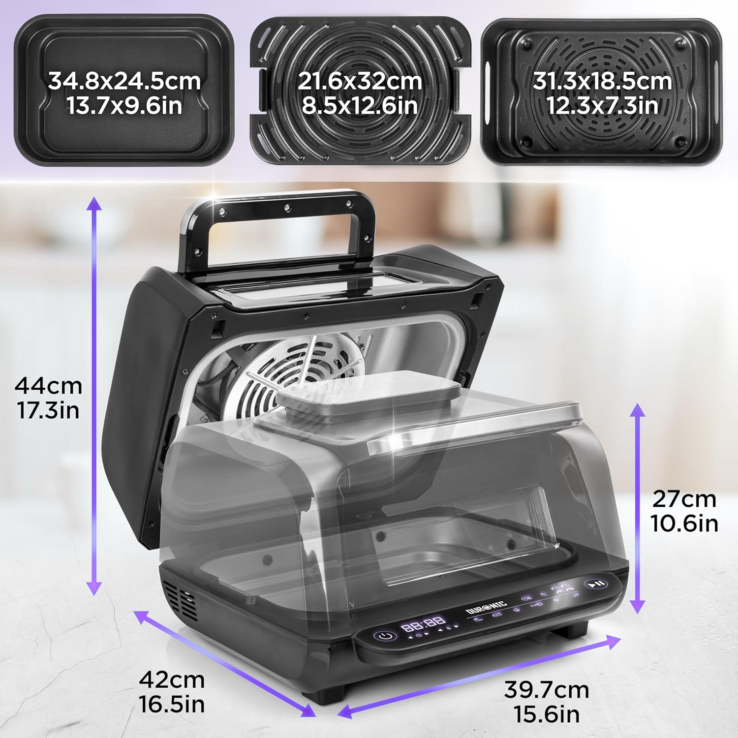 Duronic FG19 Air Fryer Grill, Heißluftfritteuse für Süßkartoffel-Pommes, Mini Backofen Heißluftfriteuse mit 3 Backleche, 2 Personen HLF Friteuse für beste Rezepte, Fritteuse zum Brot backen