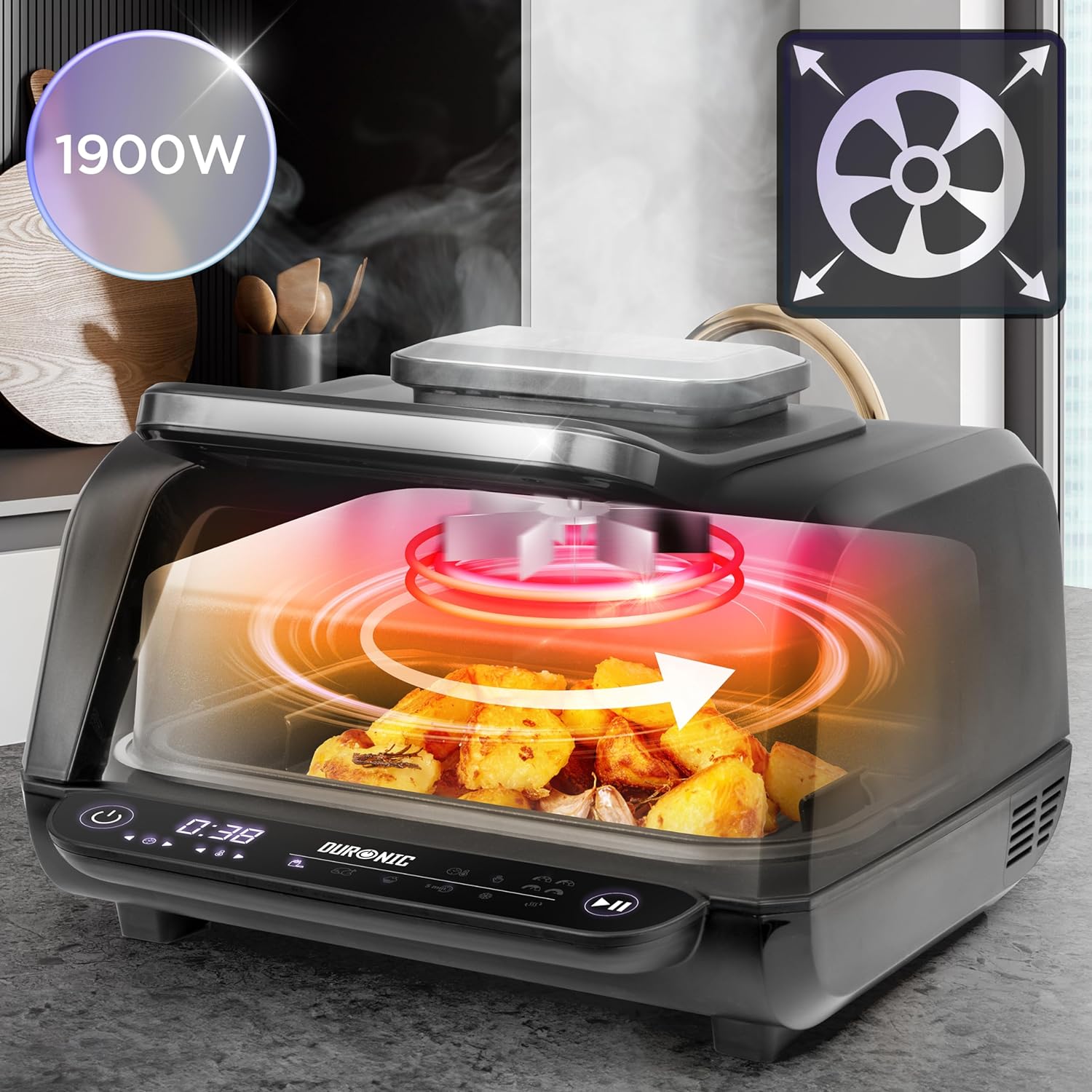 Duronic FG19 Air Fryer Grill, Heißluftfritteuse für Süßkartoffel-Pommes, Mini Backofen Heißluftfriteuse mit 3 Backleche, 2 Personen HLF Friteuse für beste Rezepte, Fritteuse zum Brot backen