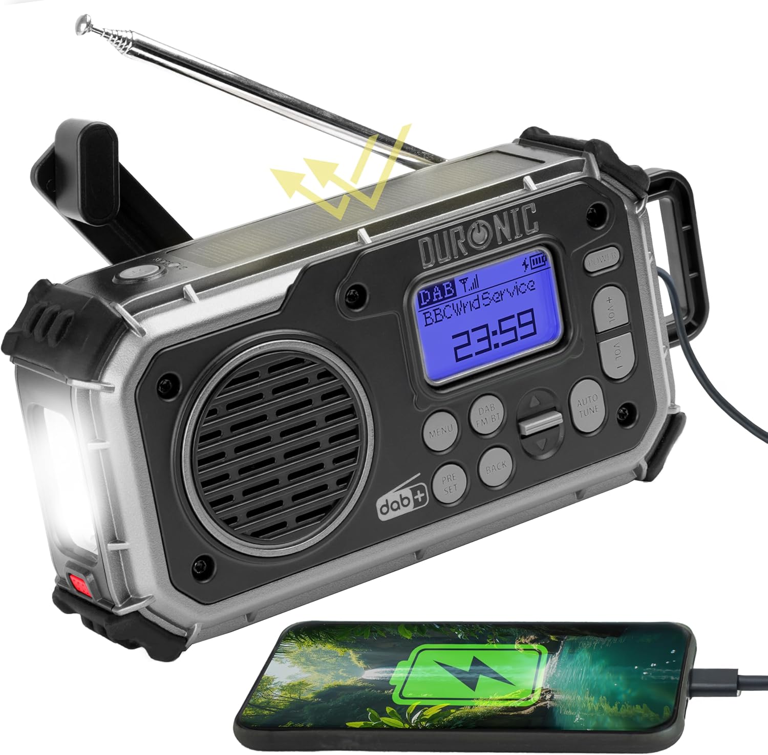 Duronic SDAB1 Kurbelradio, Tragbares Solar Notfall DAB FM Radio mit LED Licht und Kurbel, Batteriebetrieb und 2000mAh Powerbank, Bluetooth Speaker