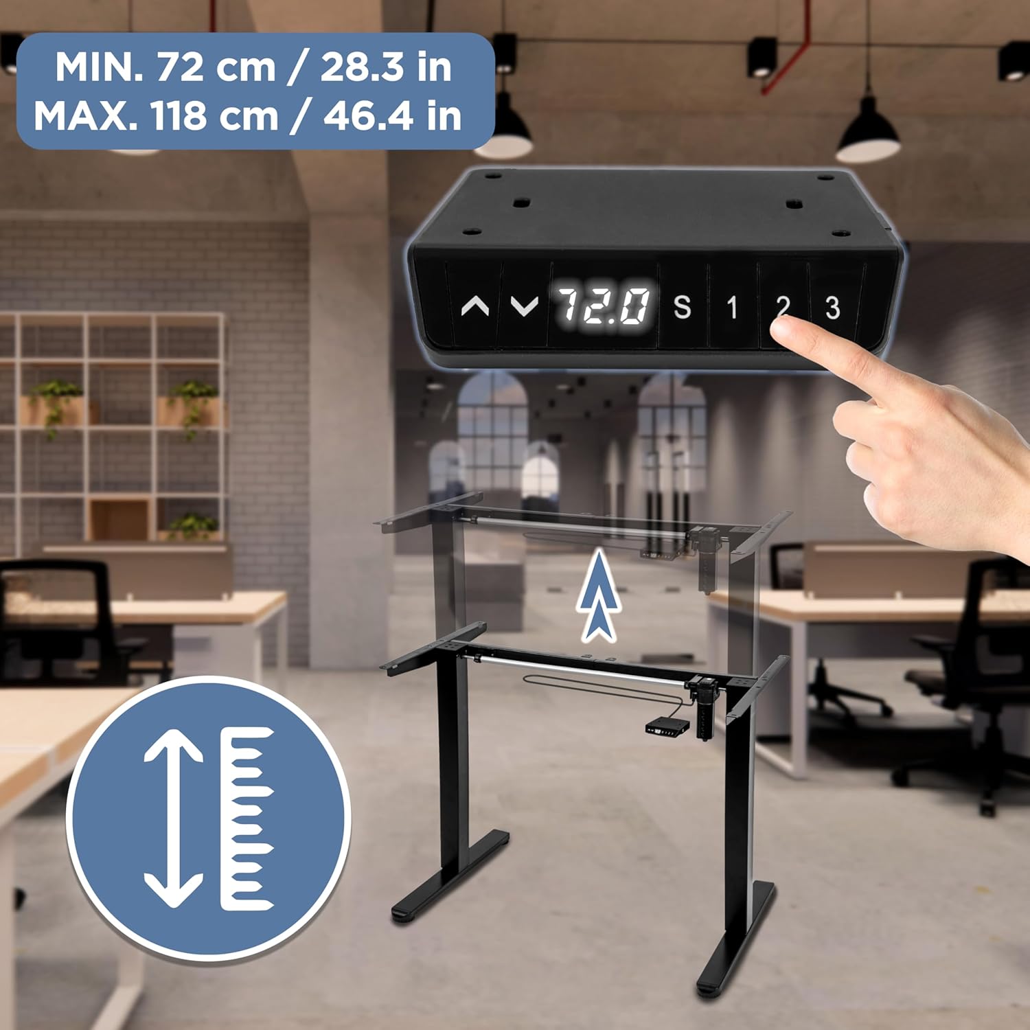 Duronic CD120 BK Höhenverstellbarer Schreibtisch, Computertisch für Büro, Gaming und Streaming, elektrischer Schreibtisch mit USB Port, 120 x 60 cm Sitz-Steh-Schreibtisch, Höhenverstellbar von 72 bis 118 cm