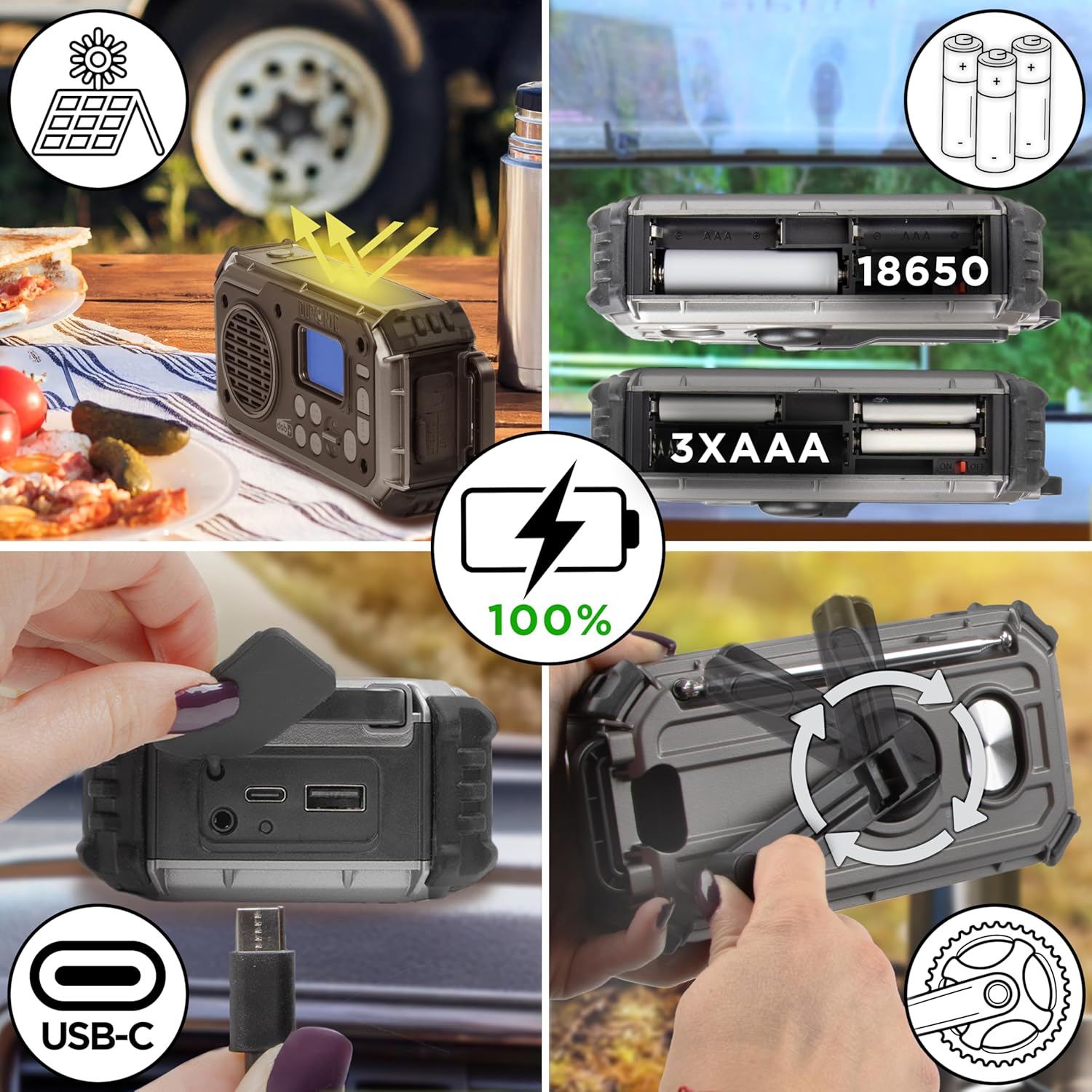 Duronic SDAB1 Kurbelradio, Tragbares Solar Notfall DAB FM Radio mit LED Licht und Kurbel, Batteriebetrieb und 2000mAh Powerbank, Bluetooth Speaker