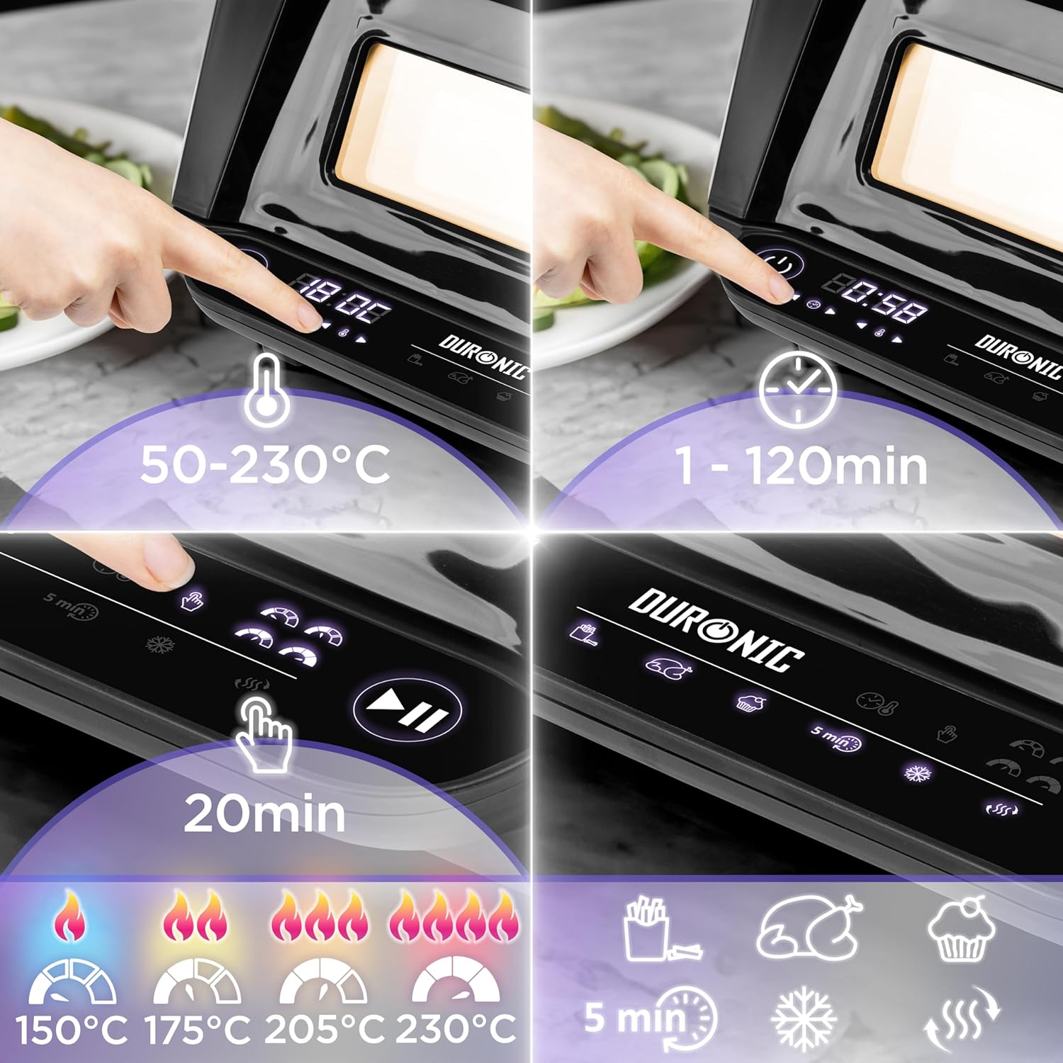 Duronic FG19 Air Fryer Grill, Heißluftfritteuse für Süßkartoffel-Pommes, Mini Backofen Heißluftfriteuse mit 3 Backleche, 2 Personen HLF Friteuse für beste Rezepte, Fritteuse zum Brot backen