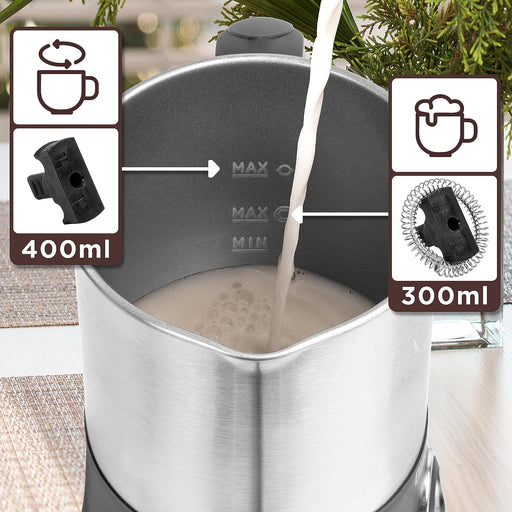 Duronic MF300 Automatischer Milchaufschäumer | 400 ml Behälter | Elektrischer Milchschäumer mit Rühreinsatz | Heißer und kalter Milchschaum für Kaffee, Kakao | Rühren und Schäumen