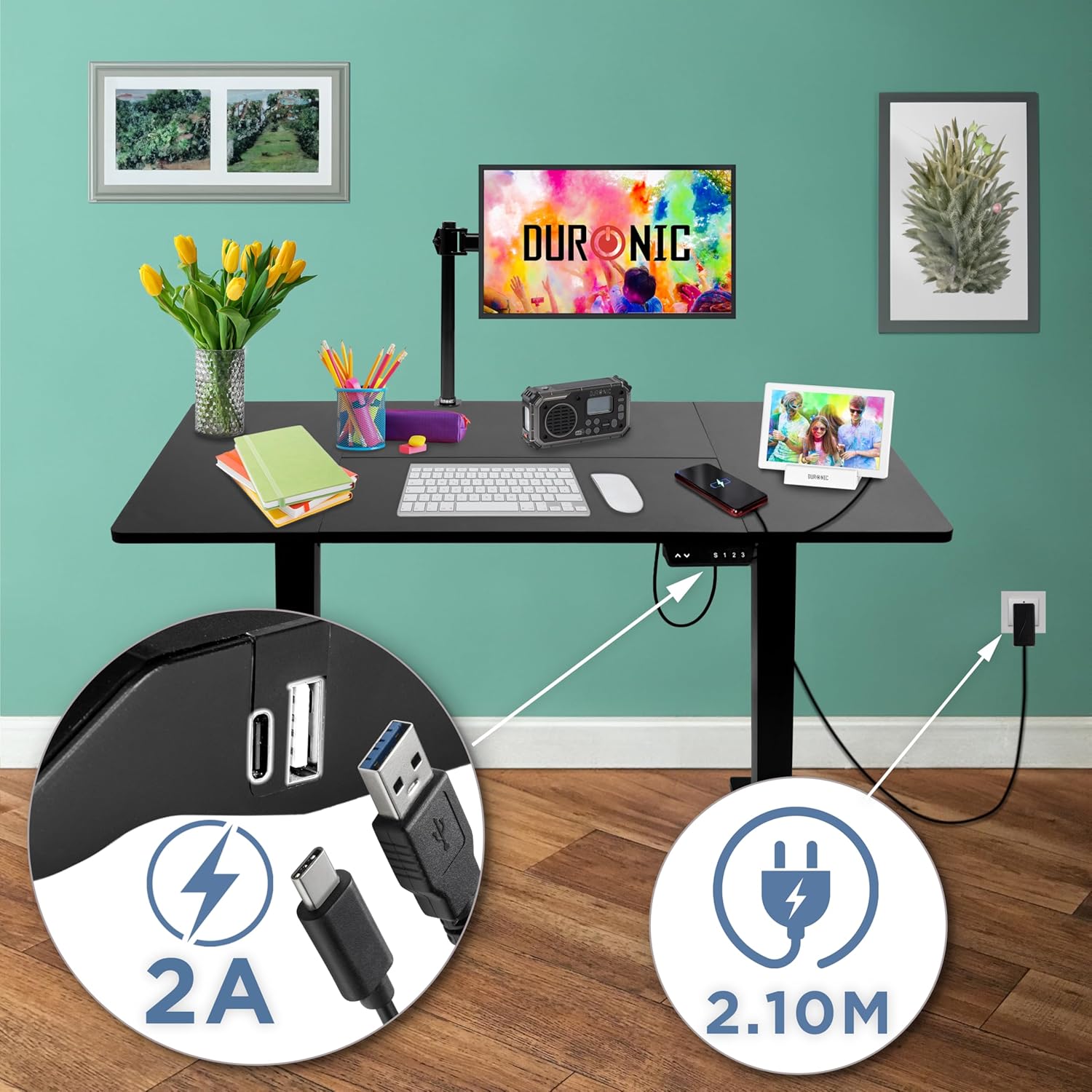 CD120 BK höhenverstellbarer Schreibtisch USB Anschluss Kabellänge