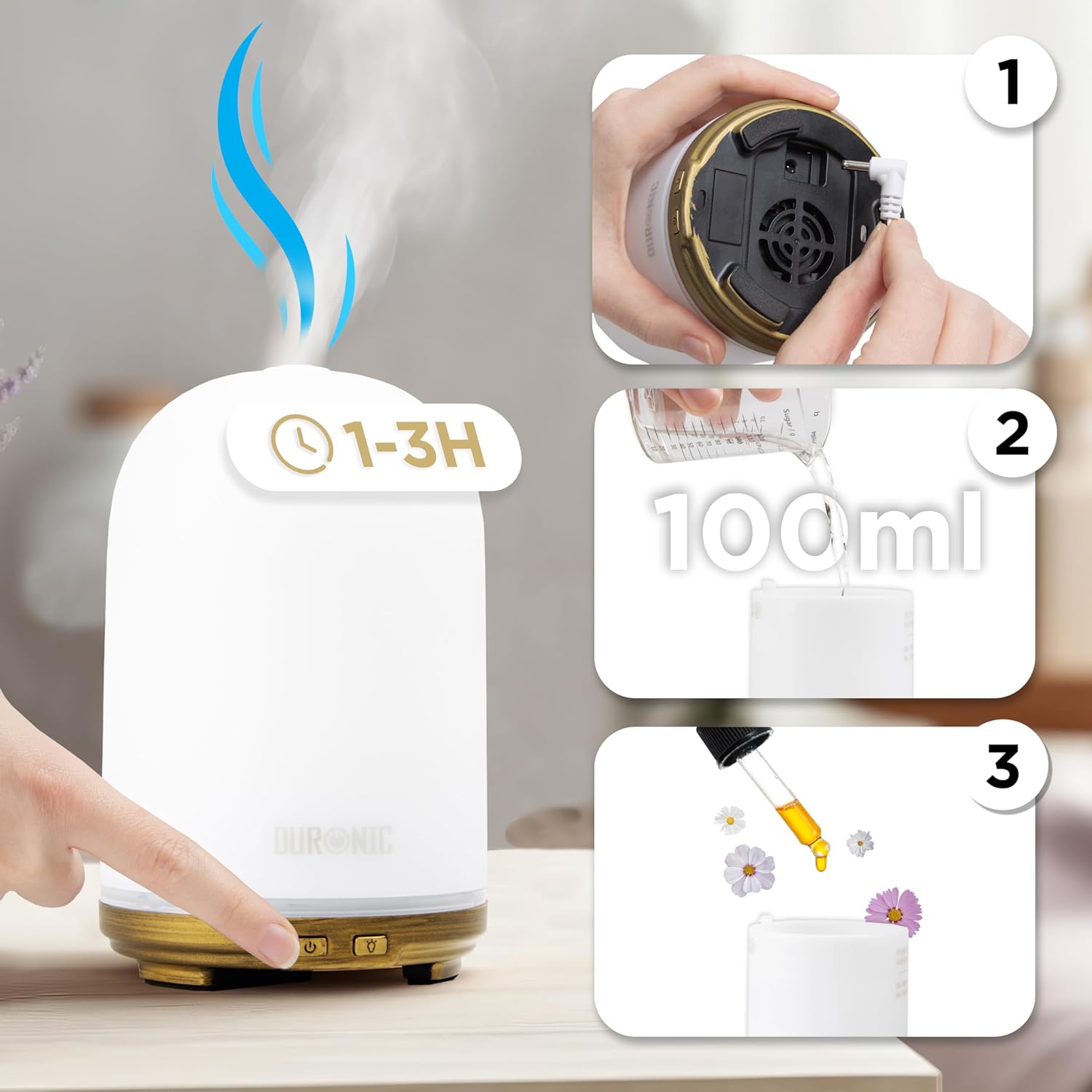 Duronic AD11 Aroma Diffuser Timer Wassertank Kapazität Netzstecker ätherische Öle Benutzung