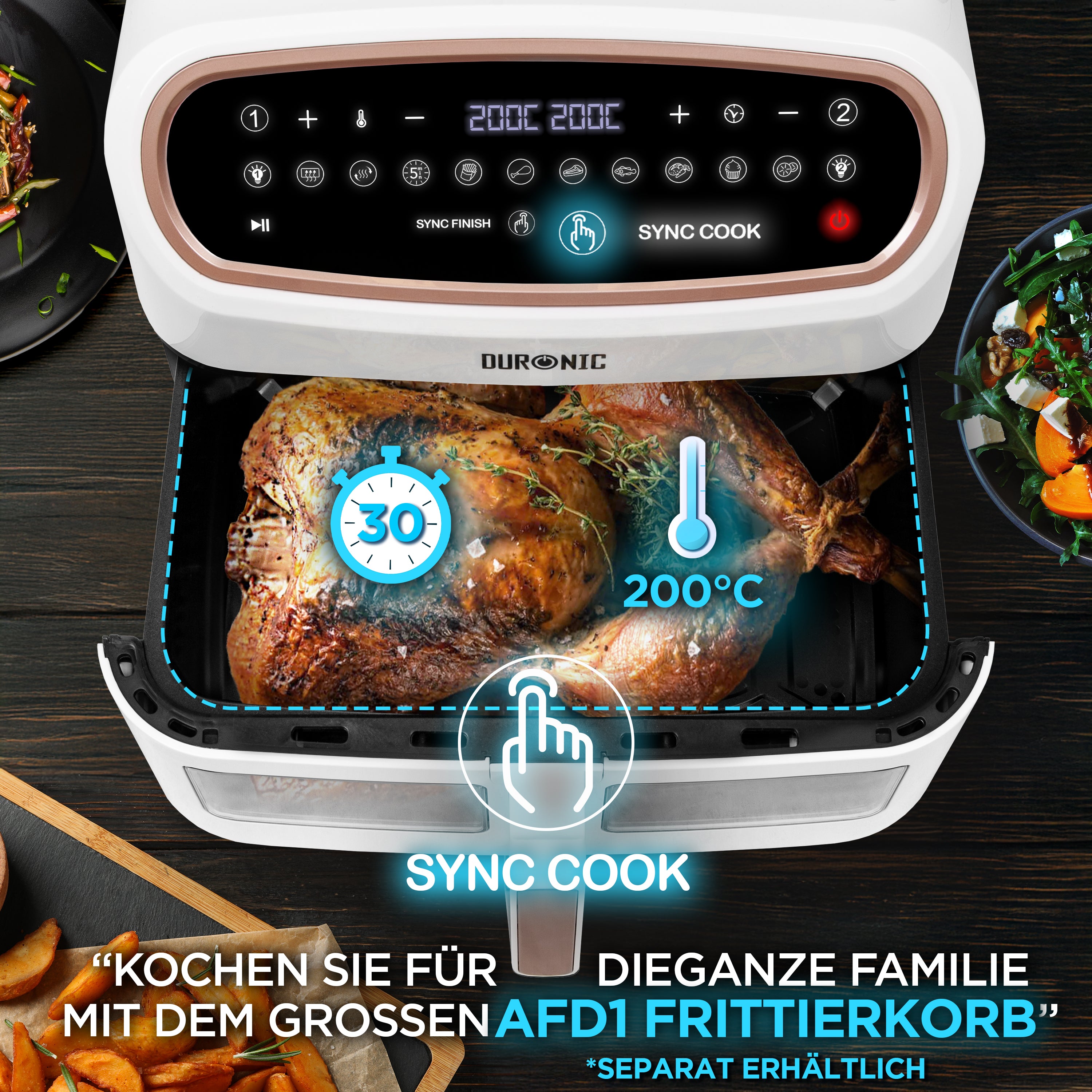 Duronic AF14 WG Heißluftfritteuse Sync Cook Funktion