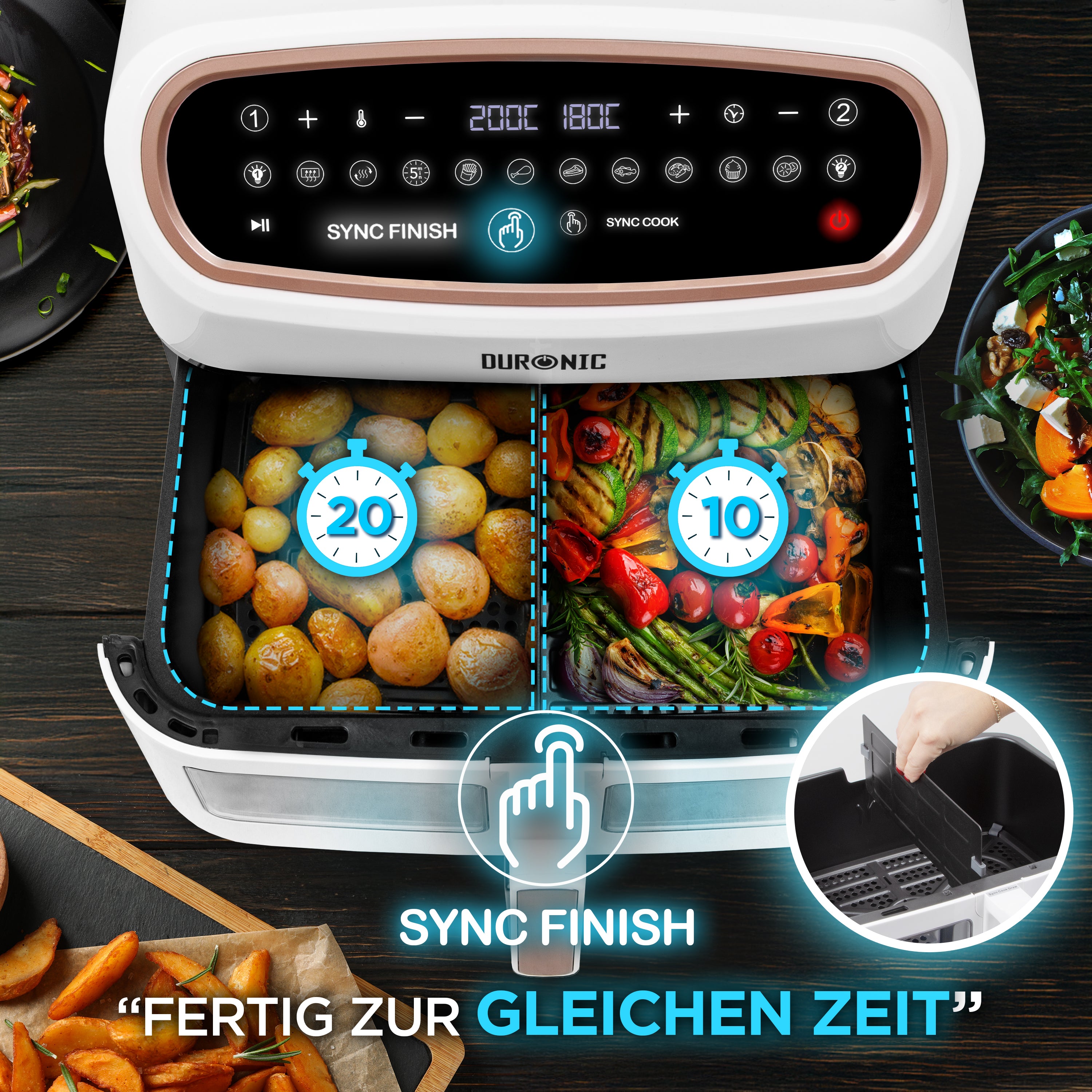 Duronic AF14 WG Heißluftfritteuse Sync Finish Funktion