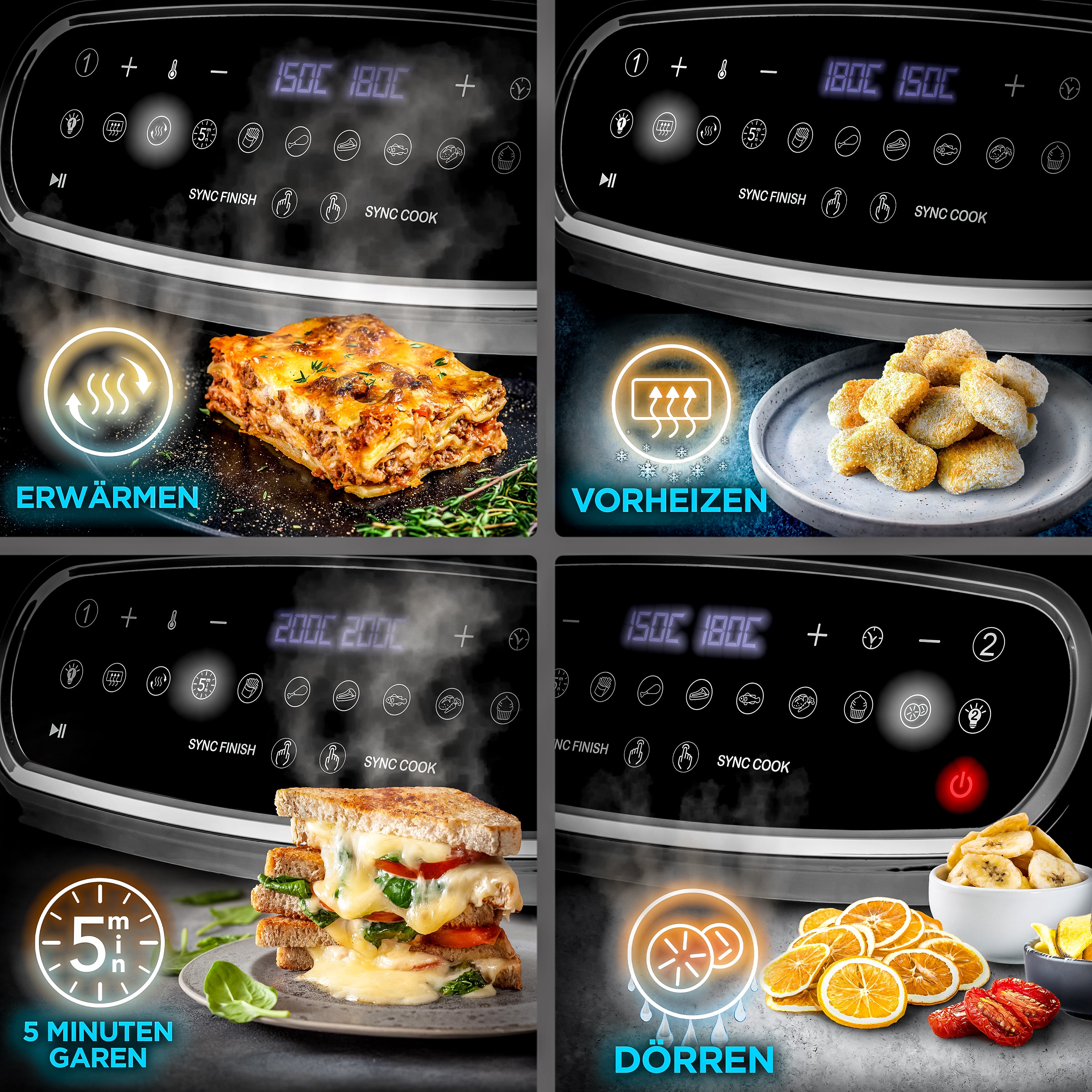 Duronic AF34 BK Heißluftfritteuse Funktionen Erwärmen Vorheizen Garen Dörren