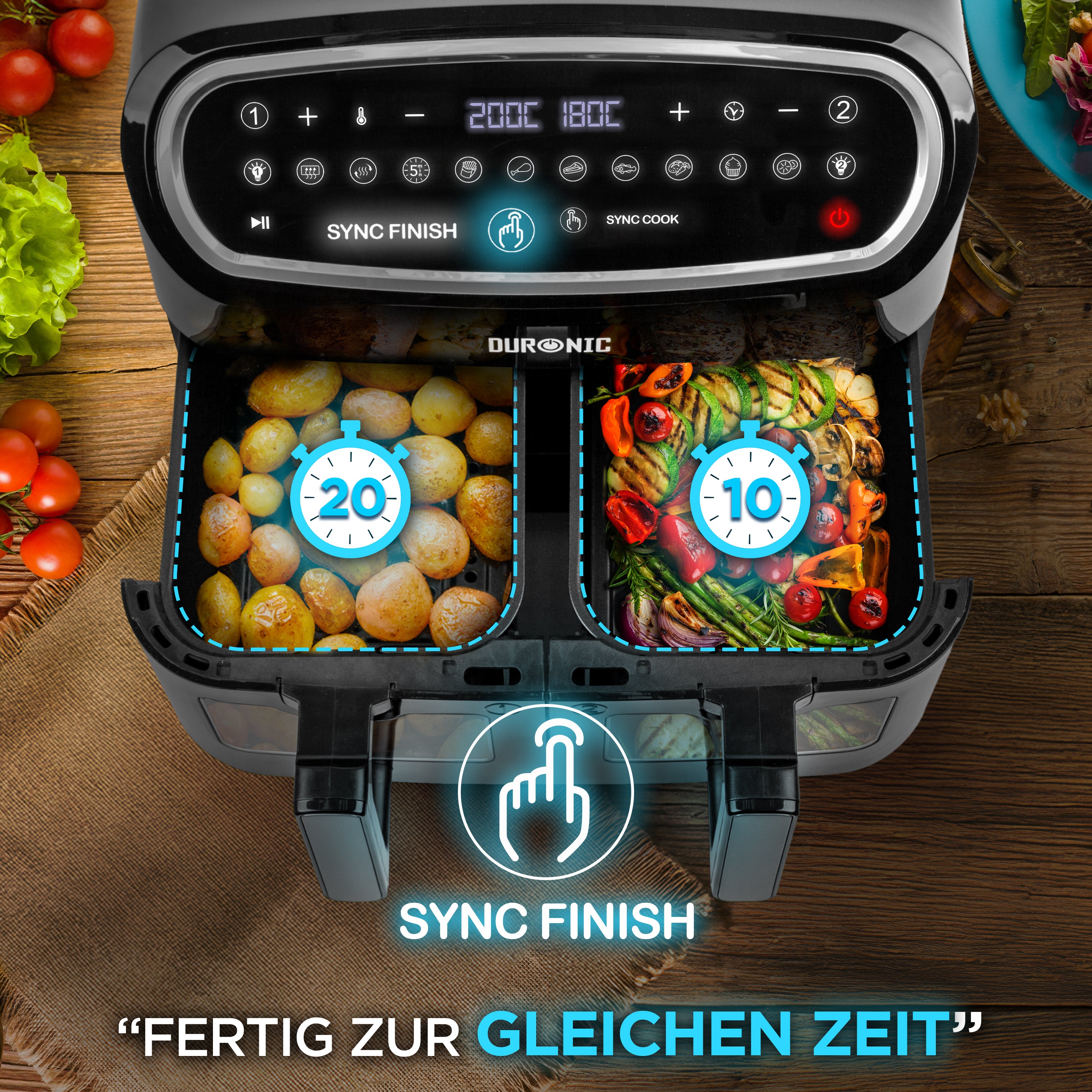 Duronic AF34 BK Heißluftfritteuse Sync Finish Funktion