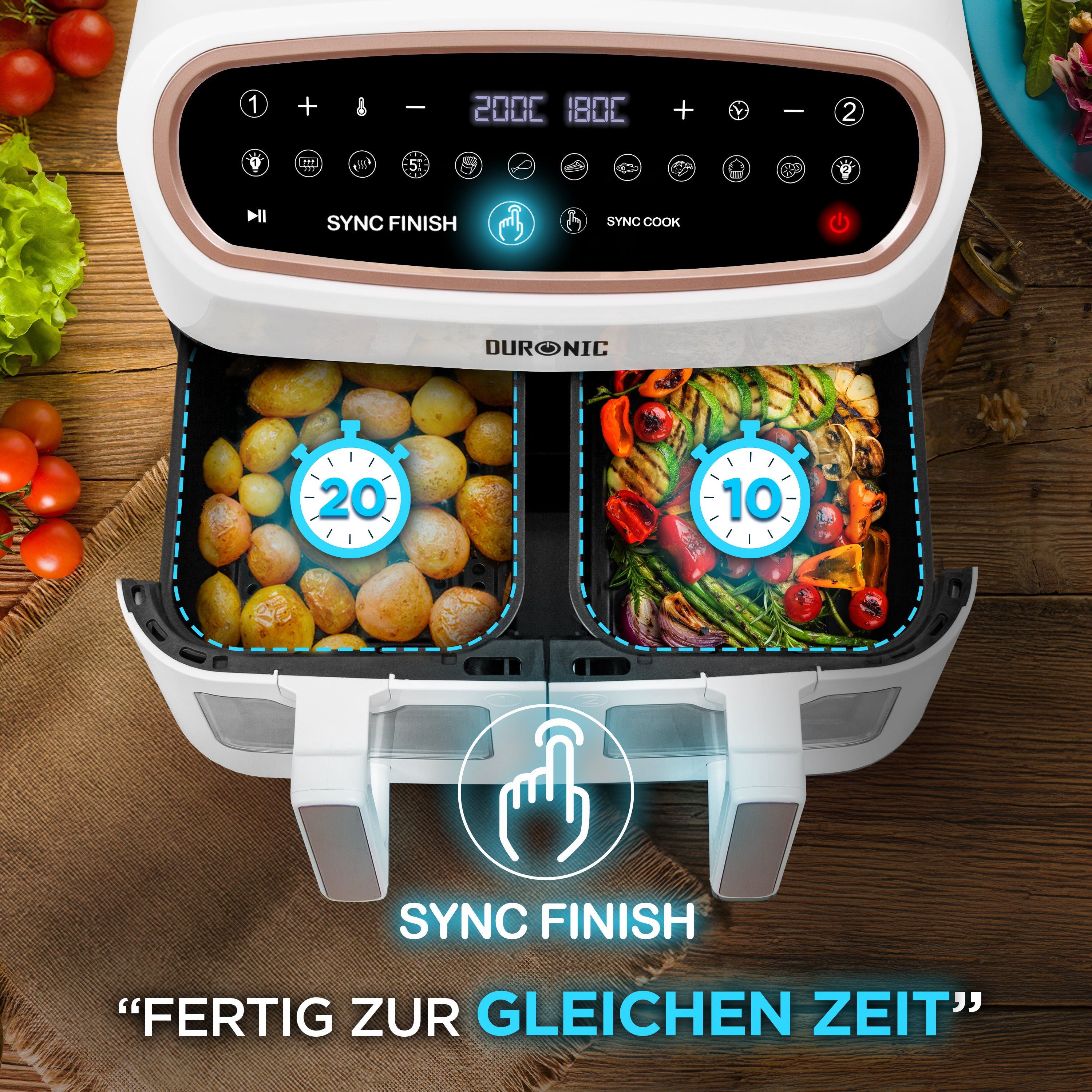Duronic AF34 WG Heißluftfritteuse Sync Finish Funktion