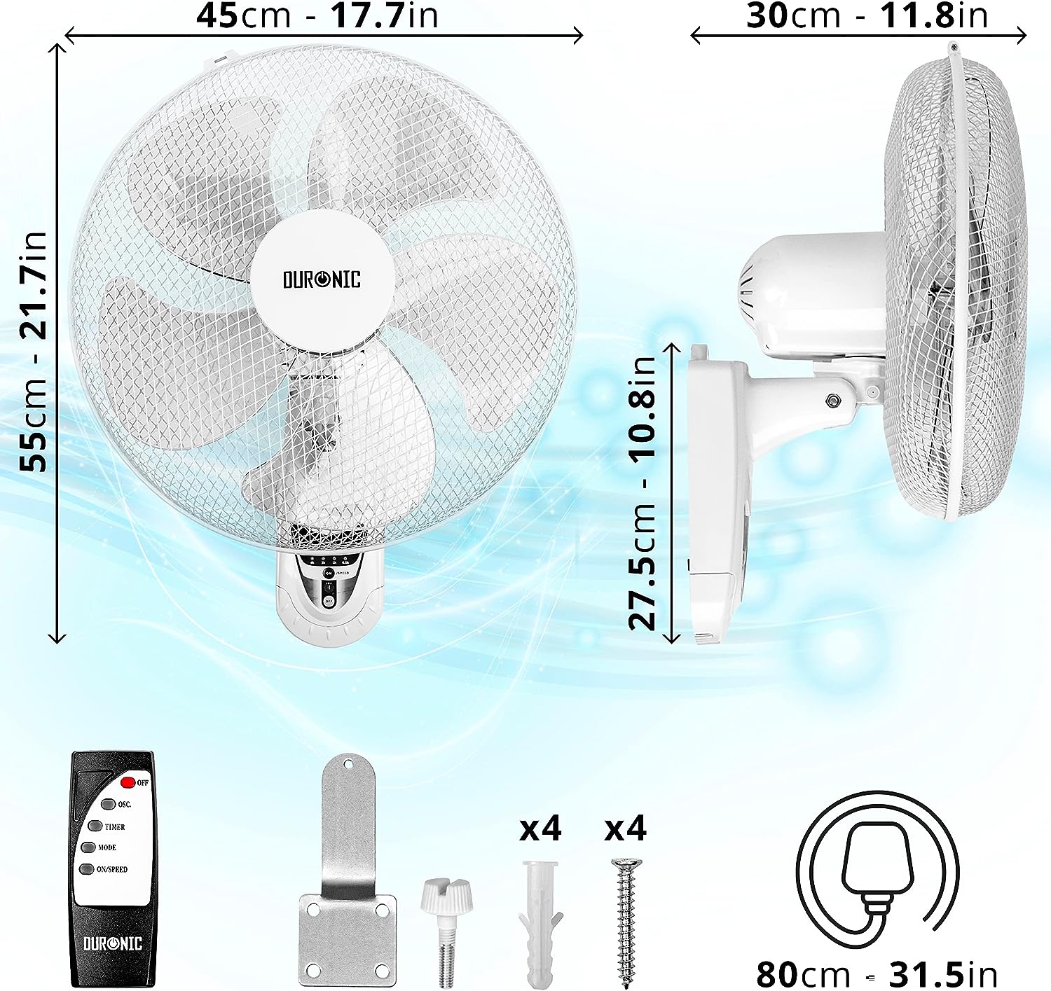 Duronic FN55 WE Wandventilator Maße Zubehör Kabellänge