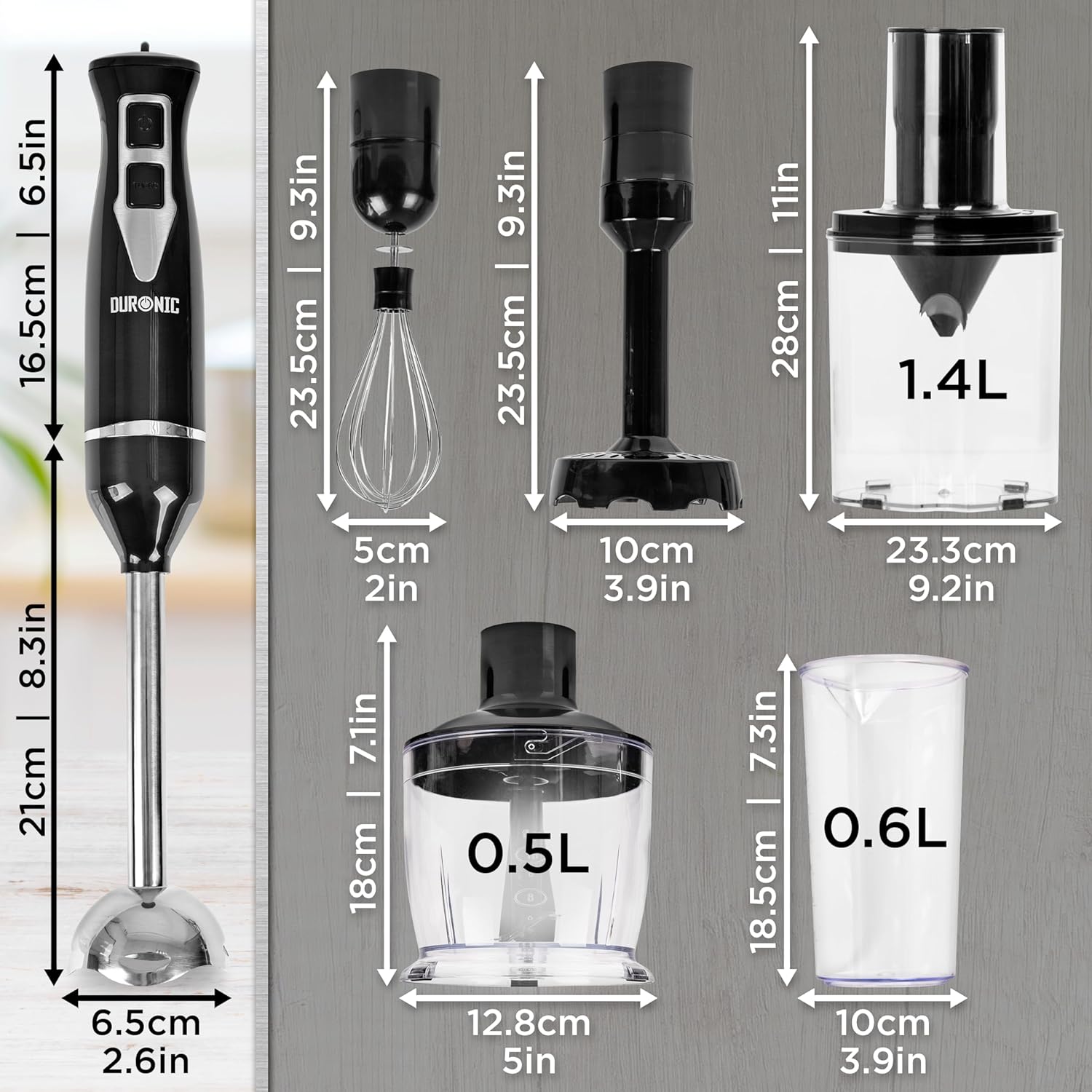 Duronic HB35 Handmixer Pürierstab Set Maße Mixer und Zubehör Kapazität