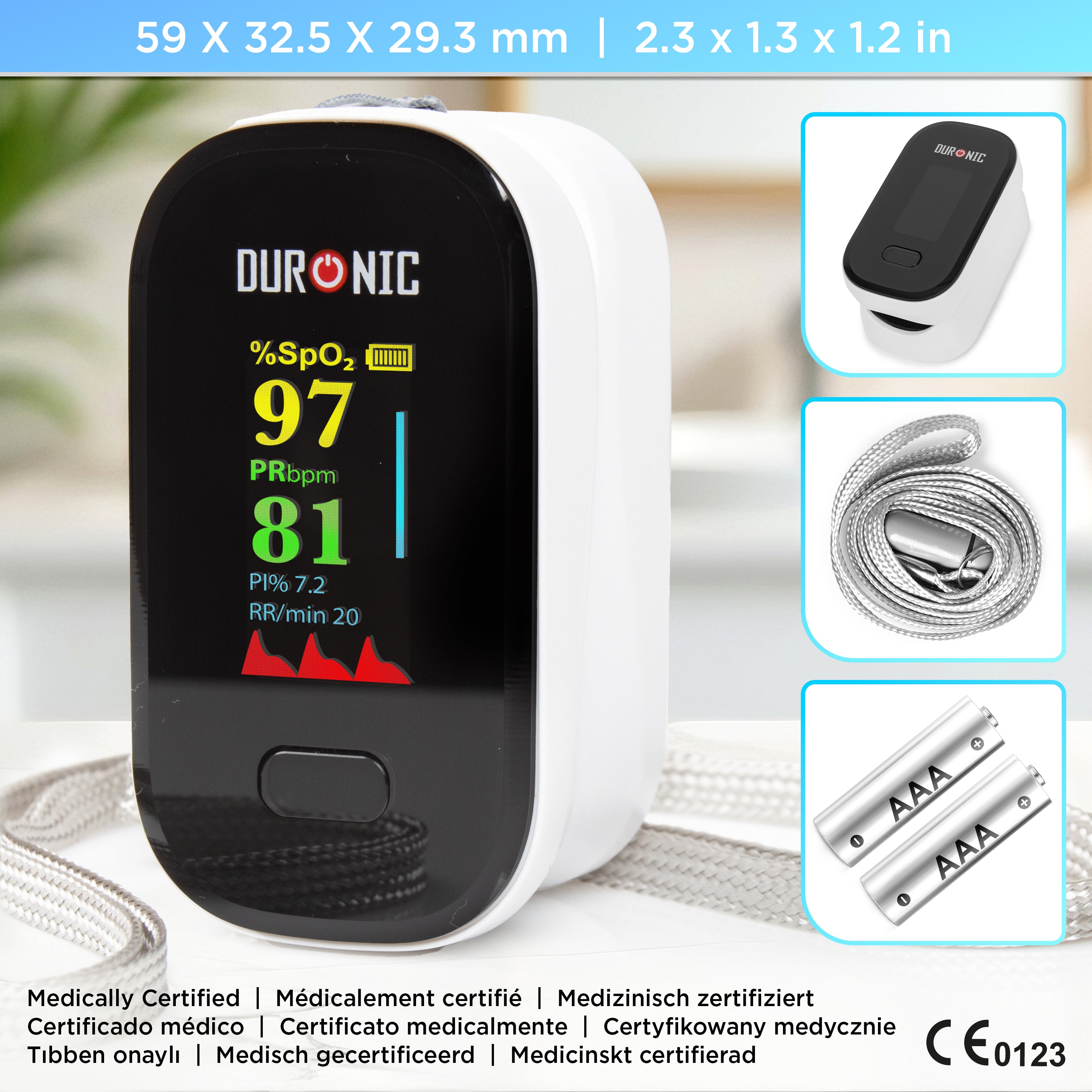 Duronic OX02 Pulsoximeter Maße Zubehör Medizinisch zertifiziert