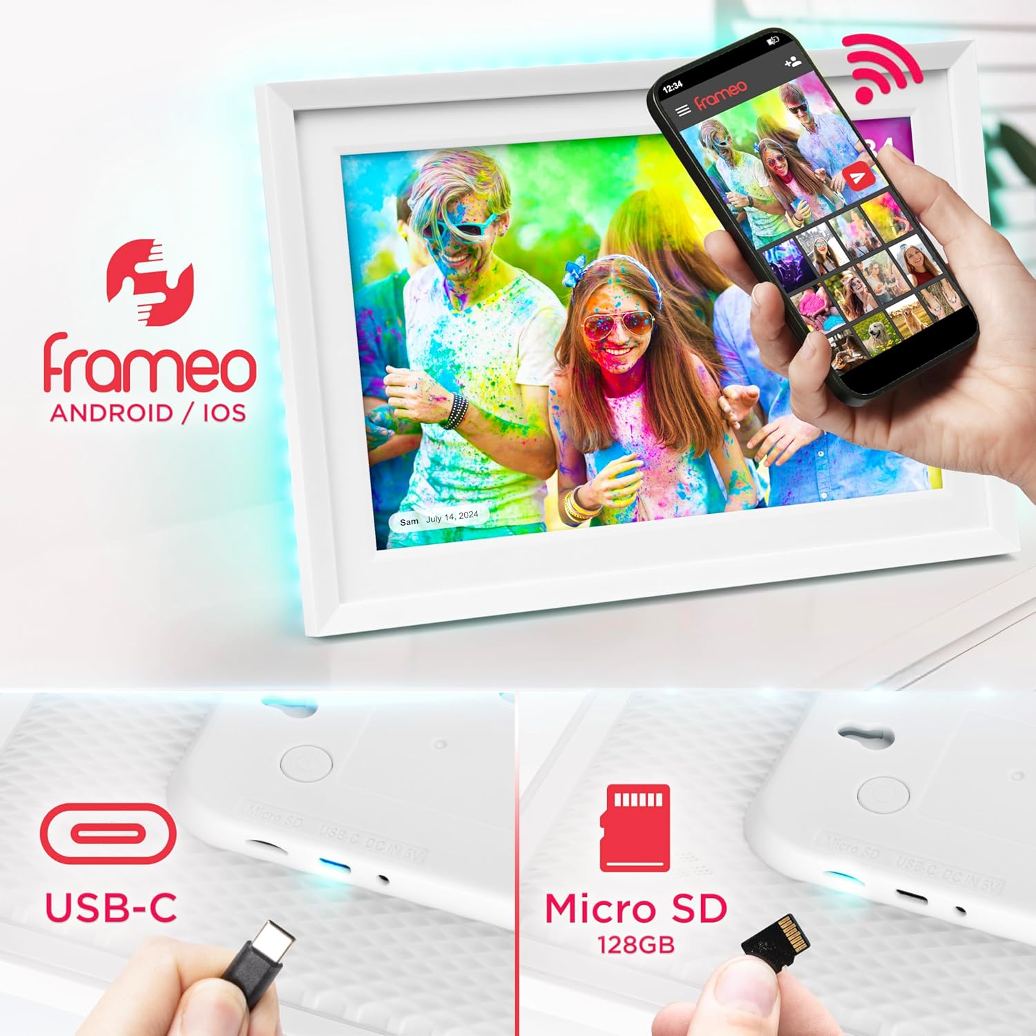 Duronic PF2A WE digitaler Bilderrahmen Frameo App für Smartphones USB C Anschluss Micro SD Speicherkarte