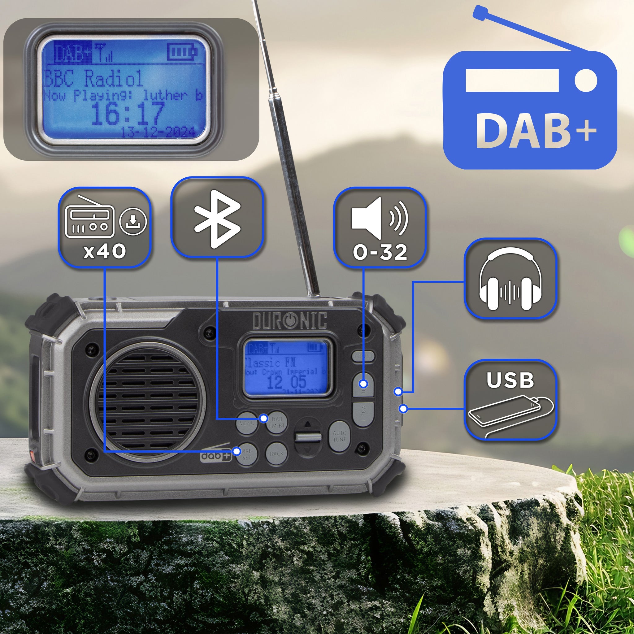 Duronic SDAB1 Outdoor Radio DAB+ Speicherplätze für Sender Bluetooth Kompatibel Kopfhörerausgang USB Anschluss Lautstärke