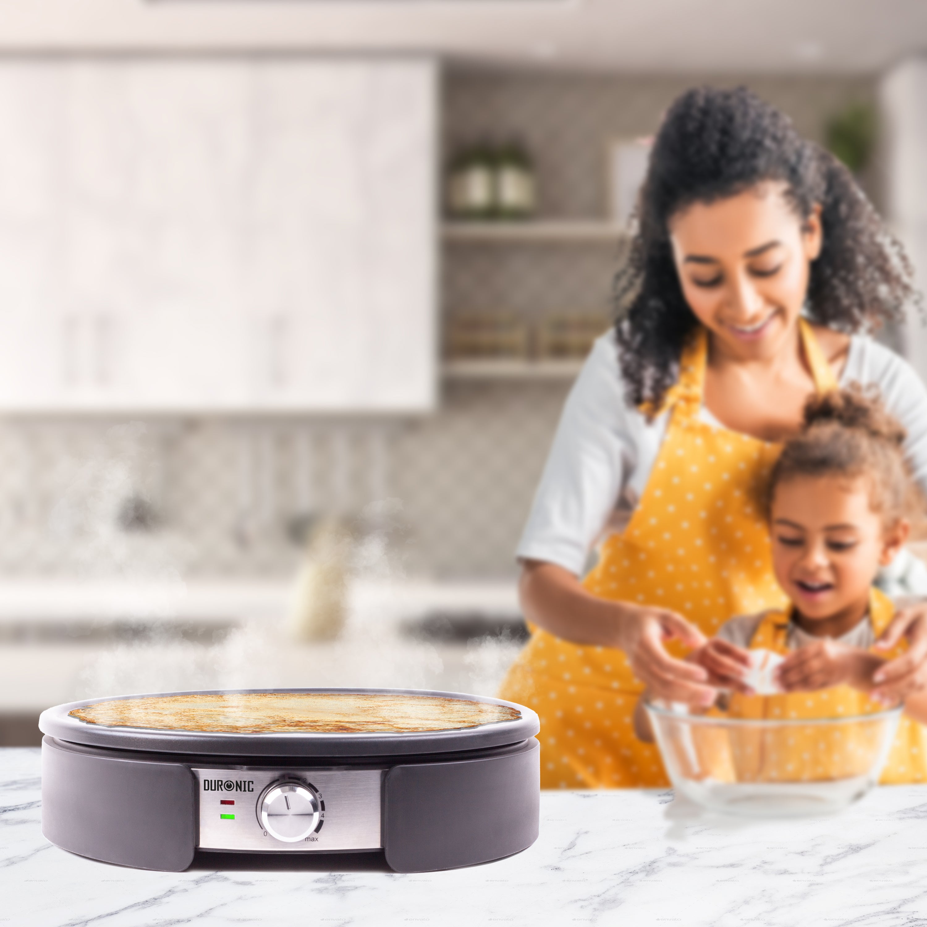 Duronic PM152 Crepesmaker, Crepes-Eisen für 37 cm XXL Crêpes, Tortillas Galettes Burritos Tacos Maker, Fiesta Elektrogrill mit Zubehör, Grillplatte mit stufenloser Temperatureinstellung, 1500 W