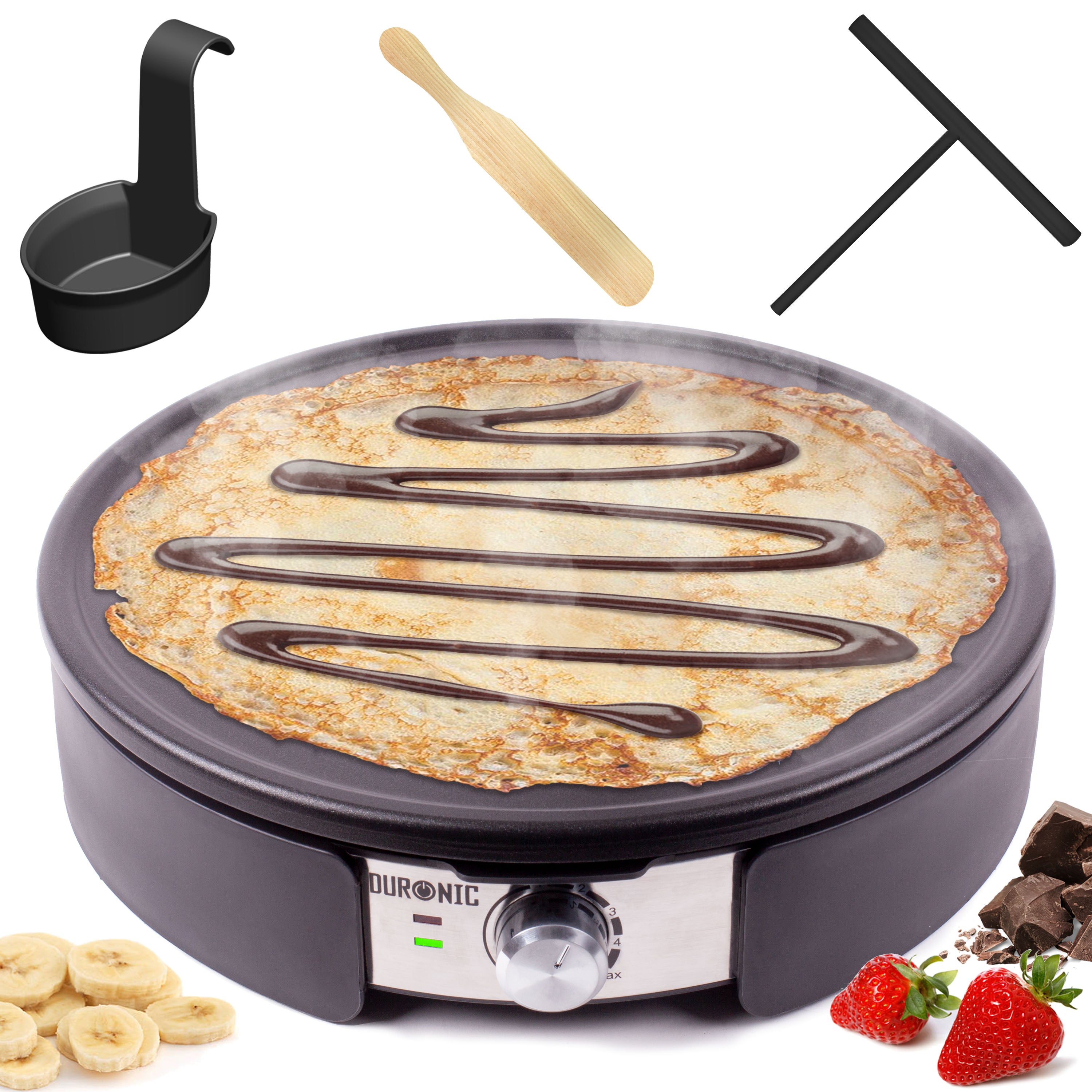 Duronic PM152 Crepesmaker, Crepes-Eisen für 37 cm XXL Crêpes, Tortillas Galettes Burritos Tacos Maker, Fiesta Elektrogrill mit Zubehör, Grillplatte mit stufenloser Temperatureinstellung, 1500 W