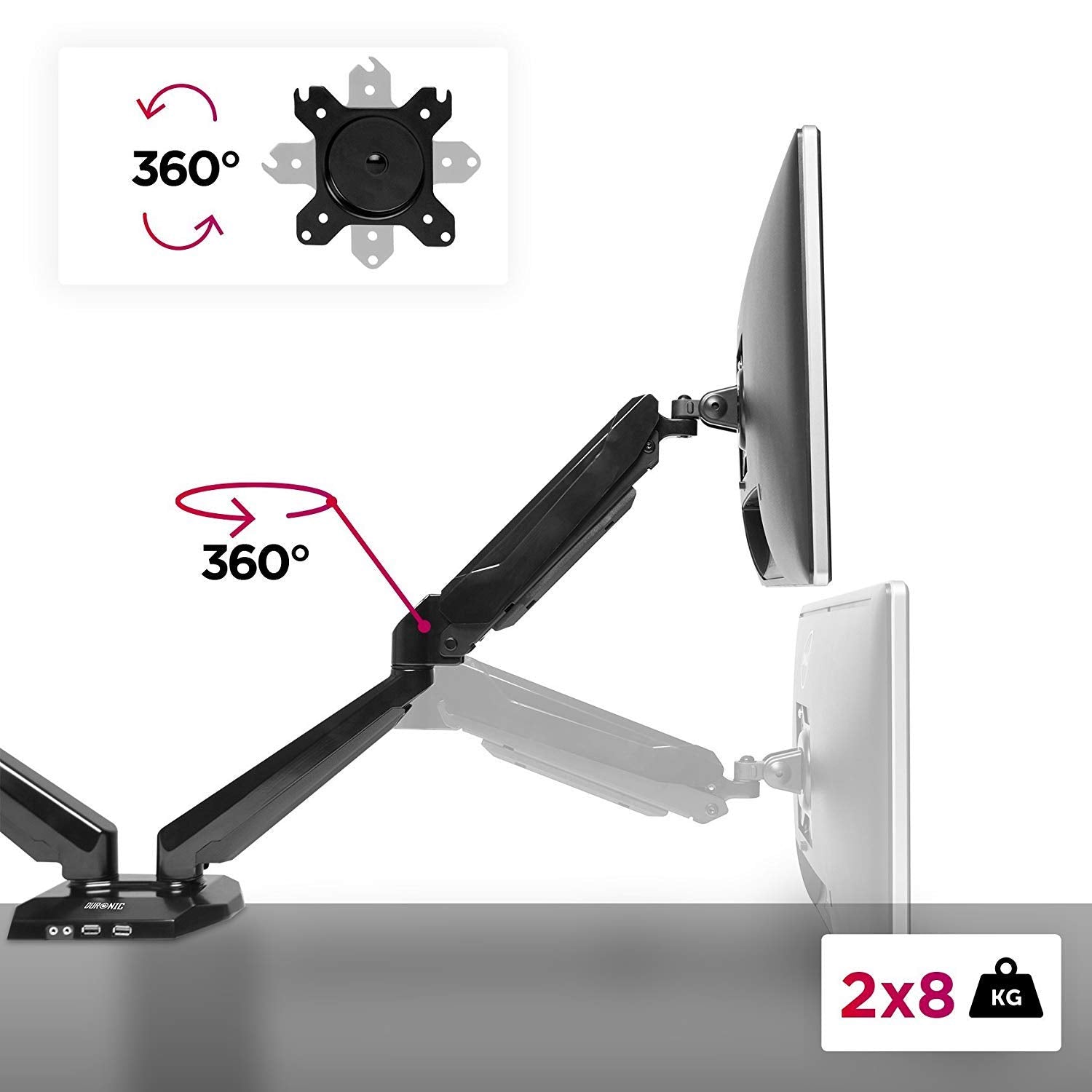 Duronic DMUSB5X2 Monitorhalterung mit USB Hub | Monitorständer für 2 Monitore bis 27 Zoll | Gasdruckfeder Monitorarm | VESA 75/100 | Bis 8kg | Höhenverstellbar | Neigbar -90° bis +85° | Drebar 360°