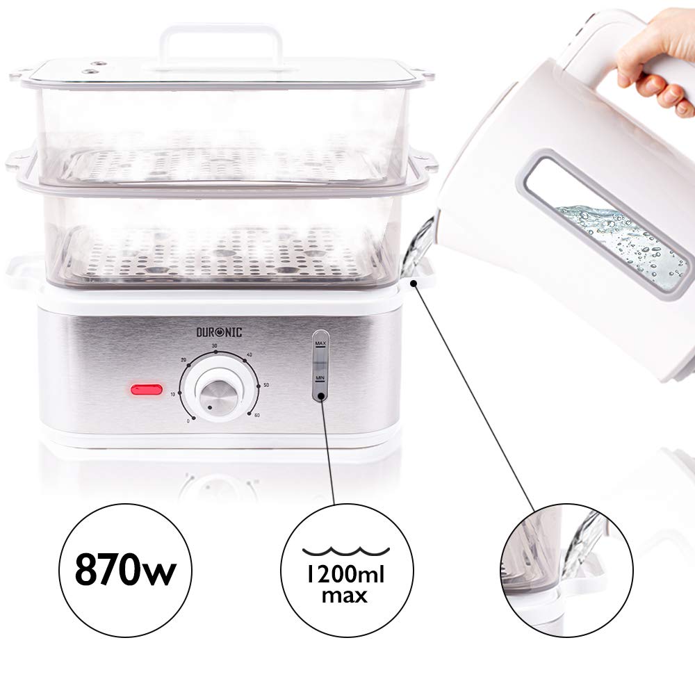 Duronic FS87 Dampfgarer 870 W | 3 Dampfgarbehälter BPA-frei | 10,6 L Kapazität | Timer und automatische Abschaltung | Wasserstandsanzeige | Reisschale | Ideal für Gemüse, Baozi und mehr ohne Fett