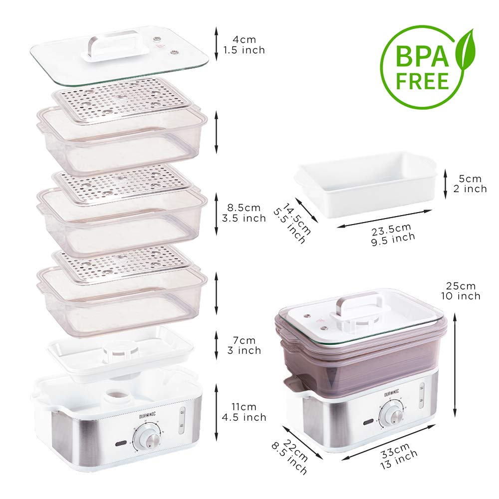 Duronic FS87 Dampfgarer 870 W | 3 Dampfgarbehälter BPA-frei | 10,6 L Kapazität | Timer und automatische Abschaltung | Wasserstandsanzeige | Reisschale | Ideal für Gemüse, Baozi und mehr ohne Fett