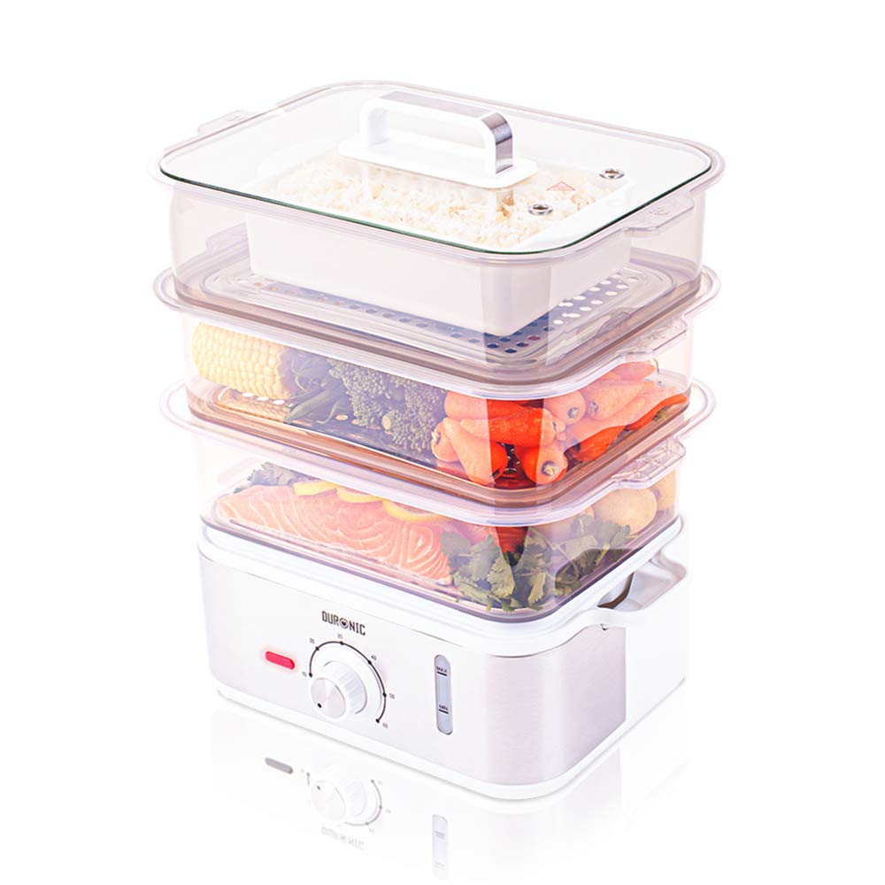 Duronic FS87 Dampfgarer 870 W | 3 Dampfgarbehälter BPA-frei | 10,6 L Kapazität | Timer und automatische Abschaltung | Wasserstandsanzeige | Reisschale | Ideal für Gemüse, Baozi und mehr ohne Fett