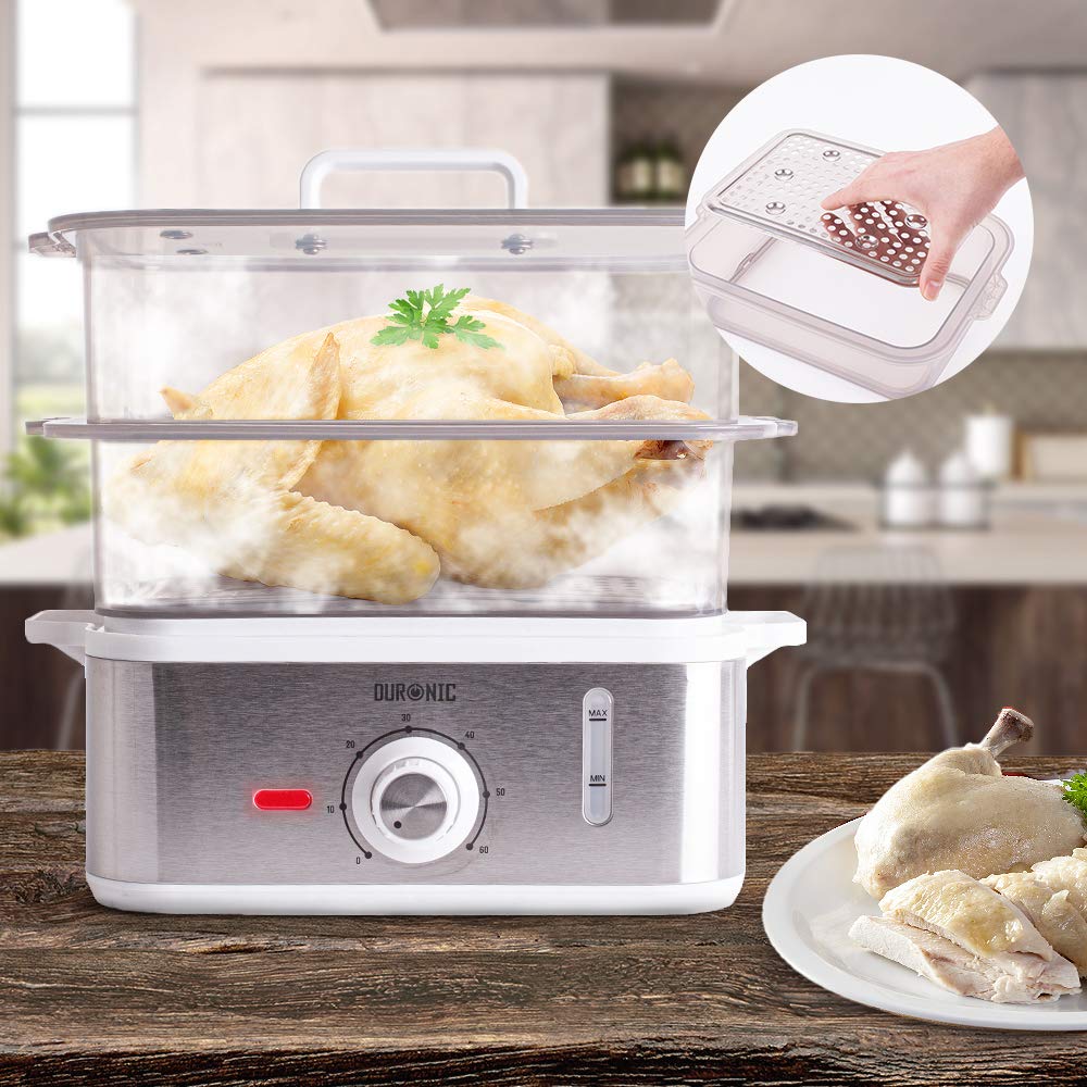 Duronic FS87 Dampfgarer 870 W | 3 Dampfgarbehälter BPA-frei | 10,6 L Kapazität | Timer und automatische Abschaltung | Wasserstandsanzeige | Reisschale | Ideal für Gemüse, Baozi und mehr ohne Fett
