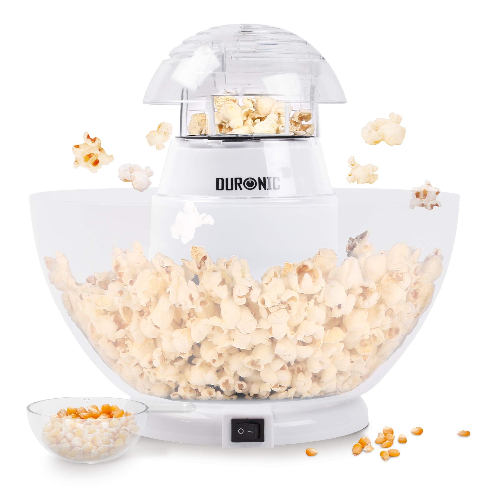 Duronic POP50 WE Popcornmaschine | Heißluft ohne Fett & Öl | 1200 Watt | inkl. Messbecher | für 50 Gramm Mais | abnehmbare Schüssel | Ölfreies Popcorn | Kalorienarm | Weiß