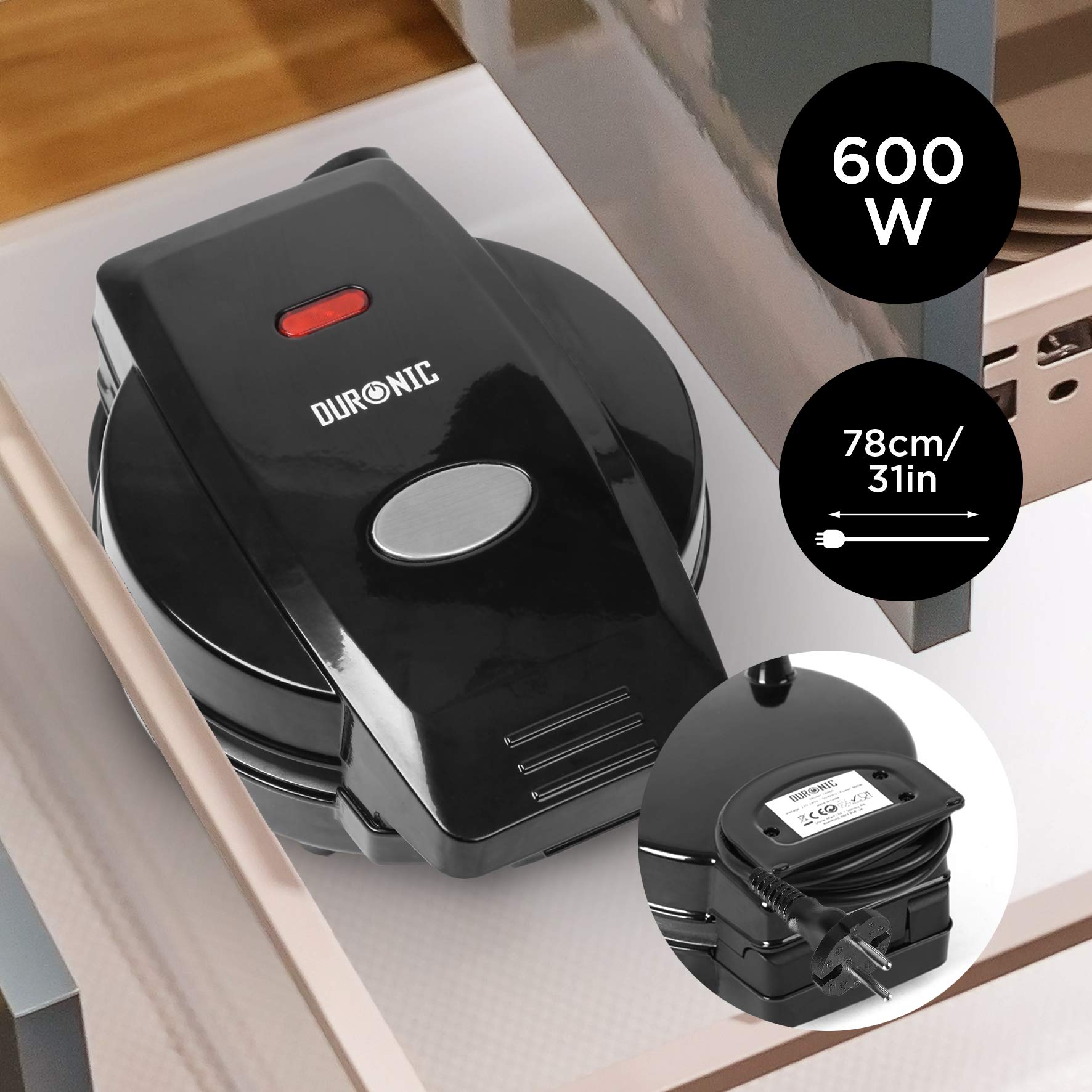 Duronic OM60 Omelette maker | Omlette Grill 600W | Antihaft-Kochplatte | Automatische Temperaturregelung | Für Omlettes, Calzone, Tortilla, Apfel- oder Maultaschen oder kleine Kuchen