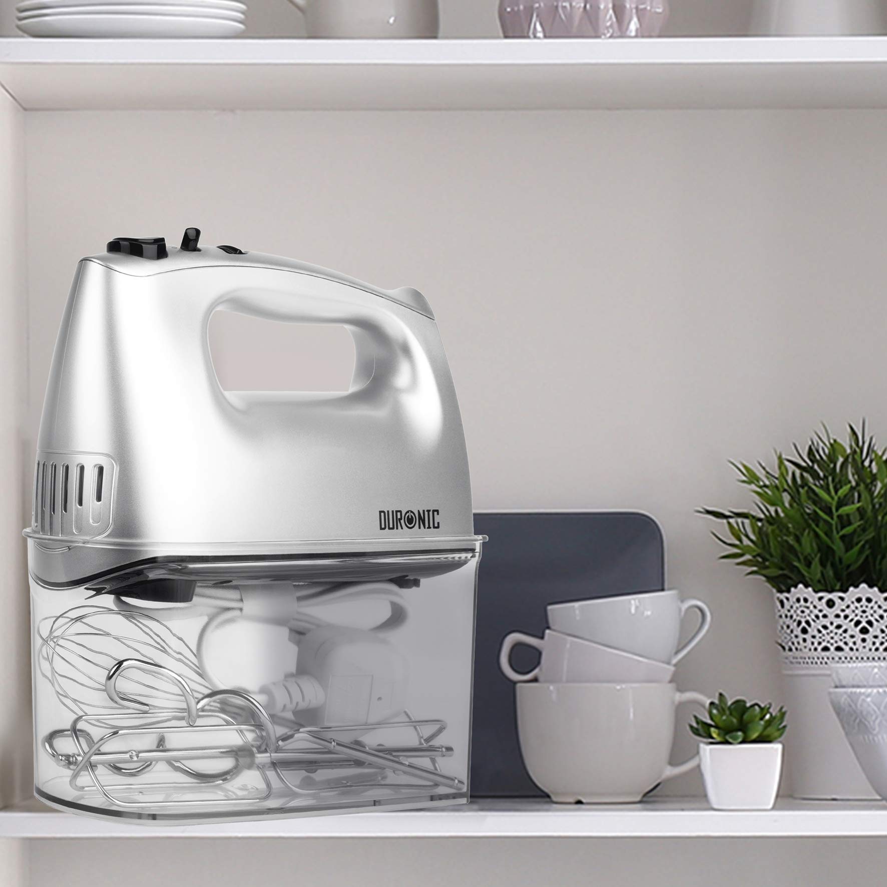 Duronic HM4 SR elektrischer Handmixer 400W, Handrührgerät mit Aufbewahrungsbox, Rührgerät Rührbesen Knethaken Aufbewahrungsbox, Rührmaschine, Küchenmixer, Handrührer, Mixer für Backen, Teig, Grau